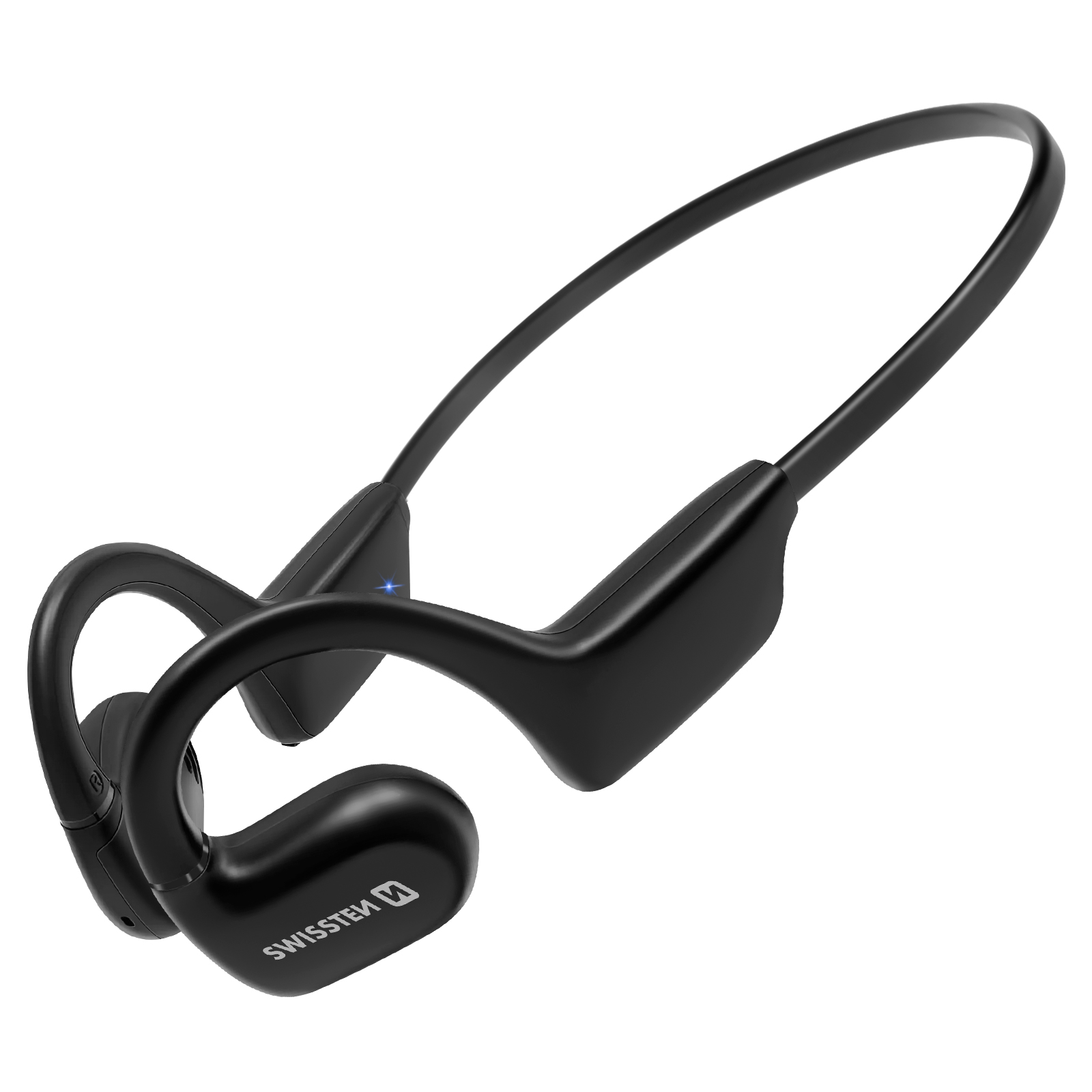 Cuffie nere, curve, a fascia da collo. 'Swissten' è stampato su un lato.