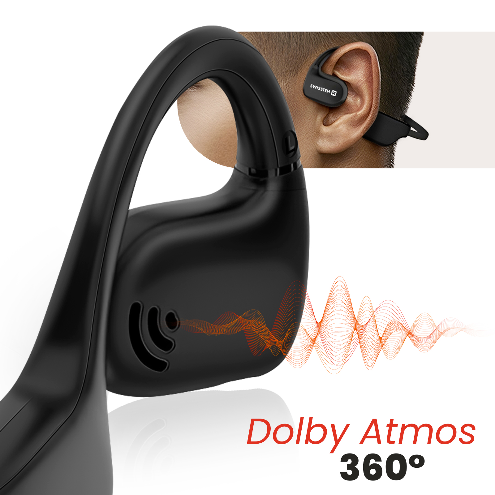 Cuffie sopra un orecchio. Onde sonore arancioni irradiano. Testo: 'Dolby Atmos 360°'.