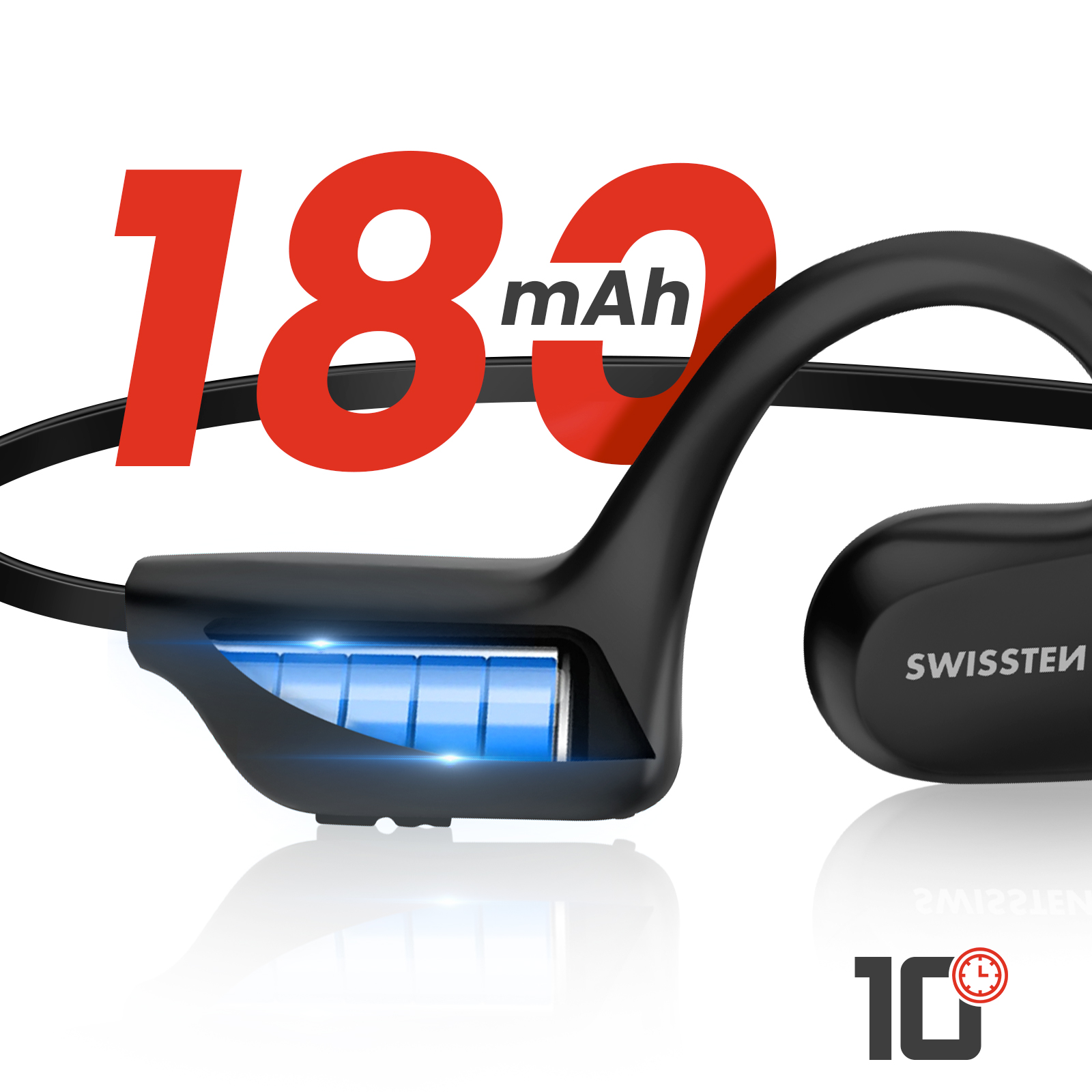 Cuffie a fascia da collo nere con un'apertura che mostra la batteria interna e '180 mAh'.