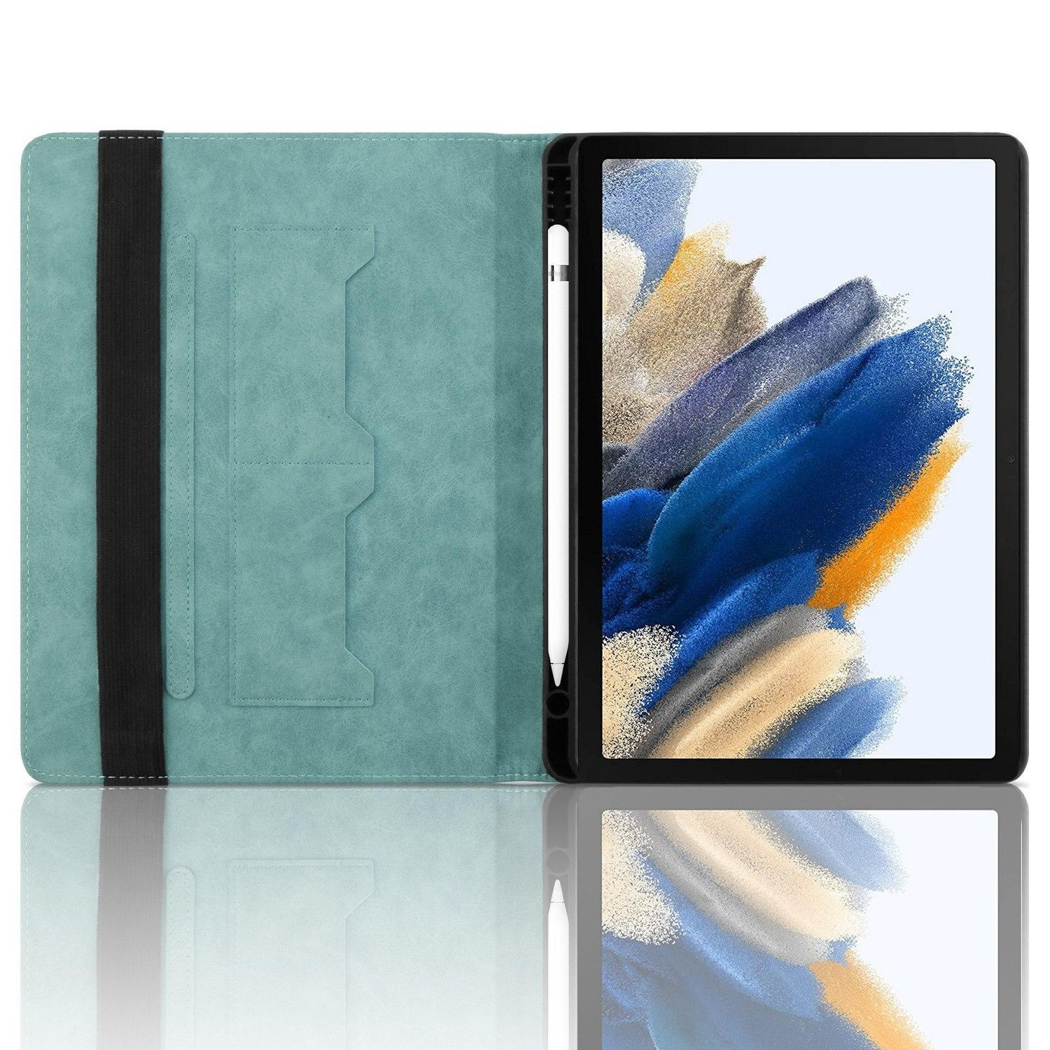 Tablet mit Hülle und Stift. Der Bildschirm zeigt ein farbenfrohes abstraktes Bild.