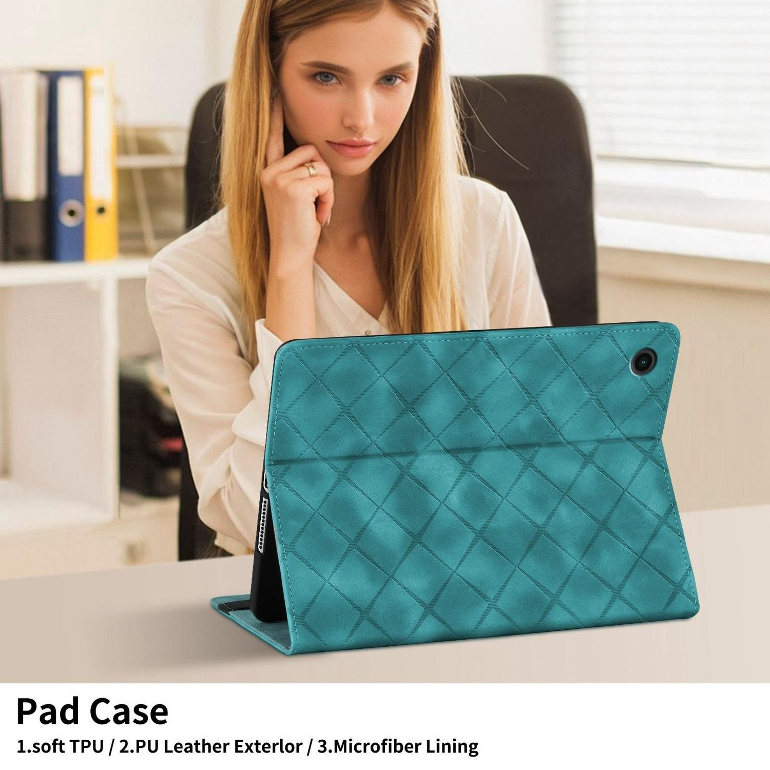 Eine türkisfarbene Tablethülle, die ein Tablet zeigt, und der Text 'Pad Case' mit Beschreibungen darunter.