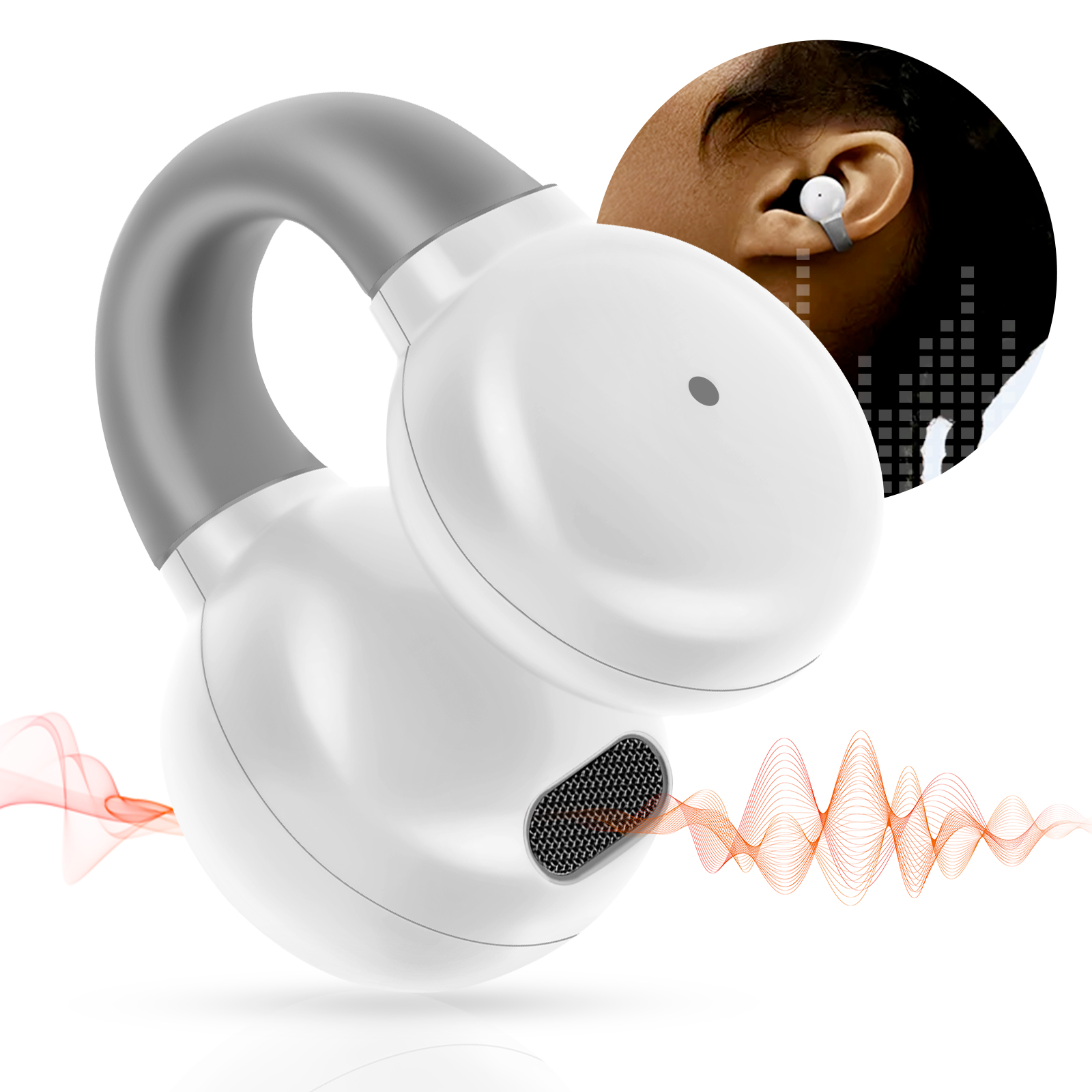 Auricolari bianchi e grigi con una persona che ne indossa uno. Sono presenti anche grafici di onde sonore.