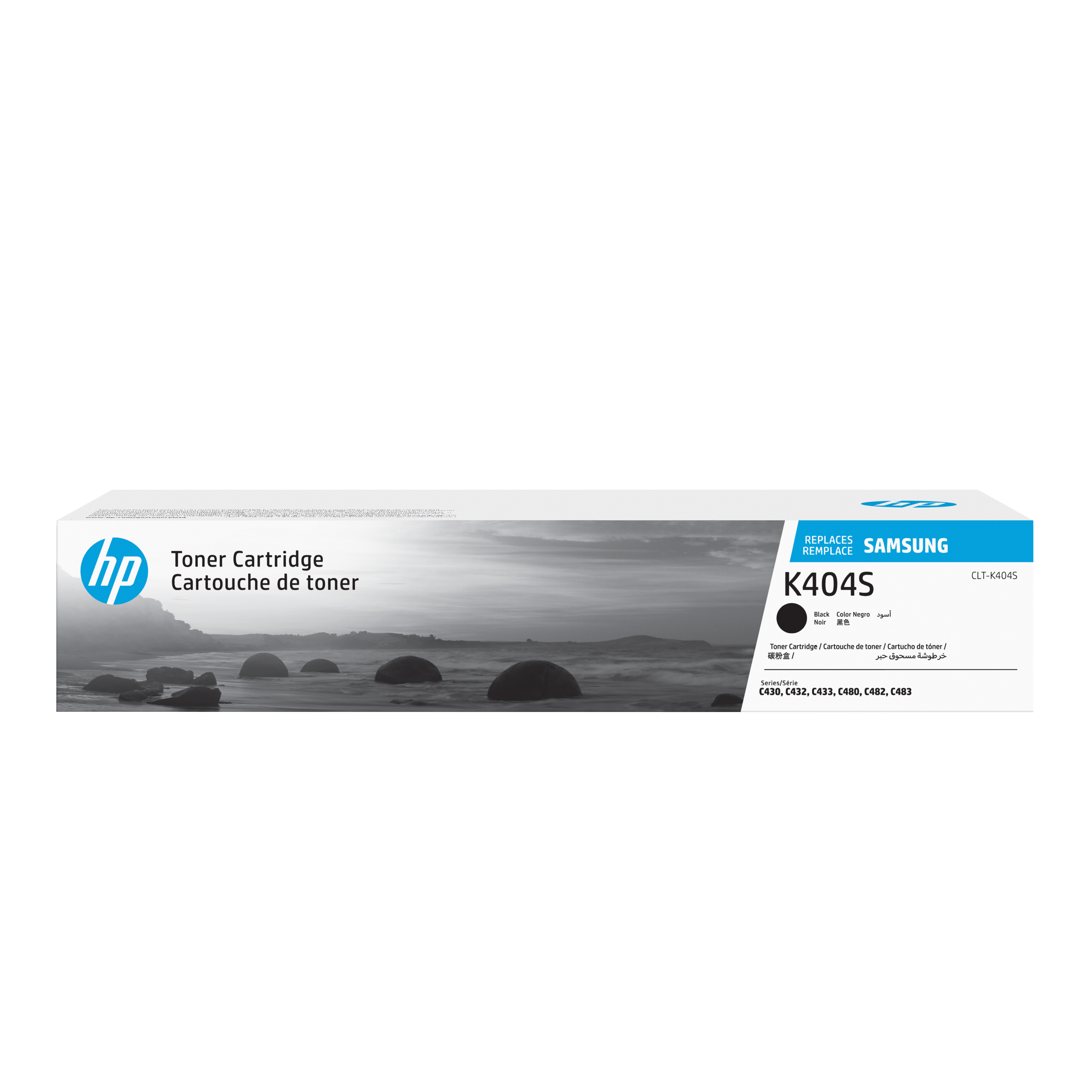 Scatola della cartuccia toner HP con immagine in bianco e nero. La scatola mostra informazioni sul prodotto e il logo HP.