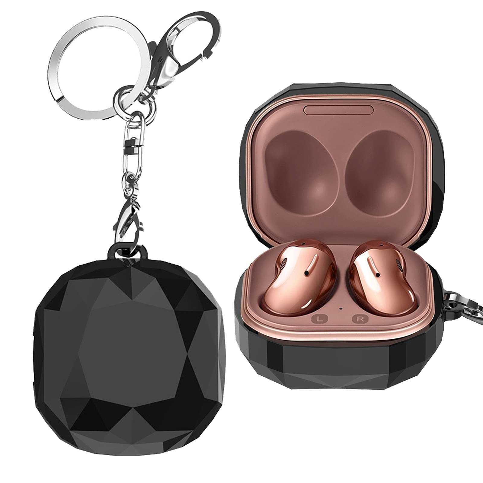 Schwarzes, facettiertes Etui mit Ohrhörern und ein Schlüsselanhänger mit einem schwarzen, facettierten Objekt.