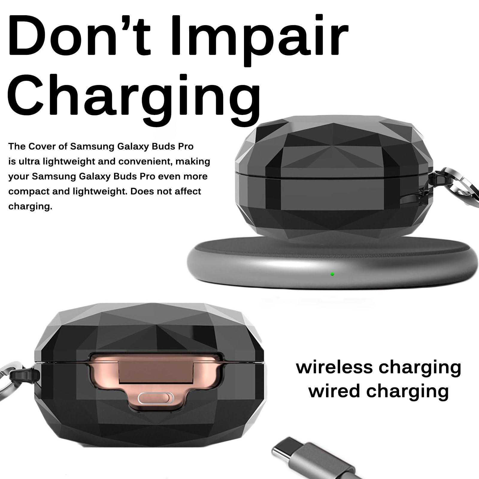 Schwarzes Case für Samsung Galaxy Buds Pro, mit Textüberlagerung. Ein Ladepad und ein Kabel sind sichtbar.