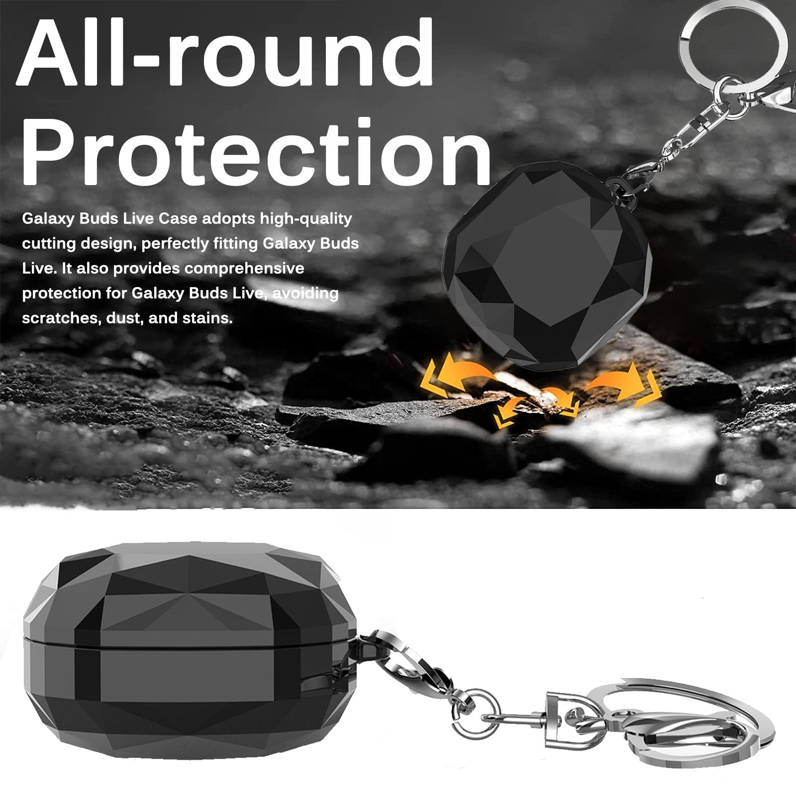 Schwarzes Case für Galaxy Buds Live, mit Text. Das Case befindet sich auf weißem Hintergrund. Das Case ist schwarz.