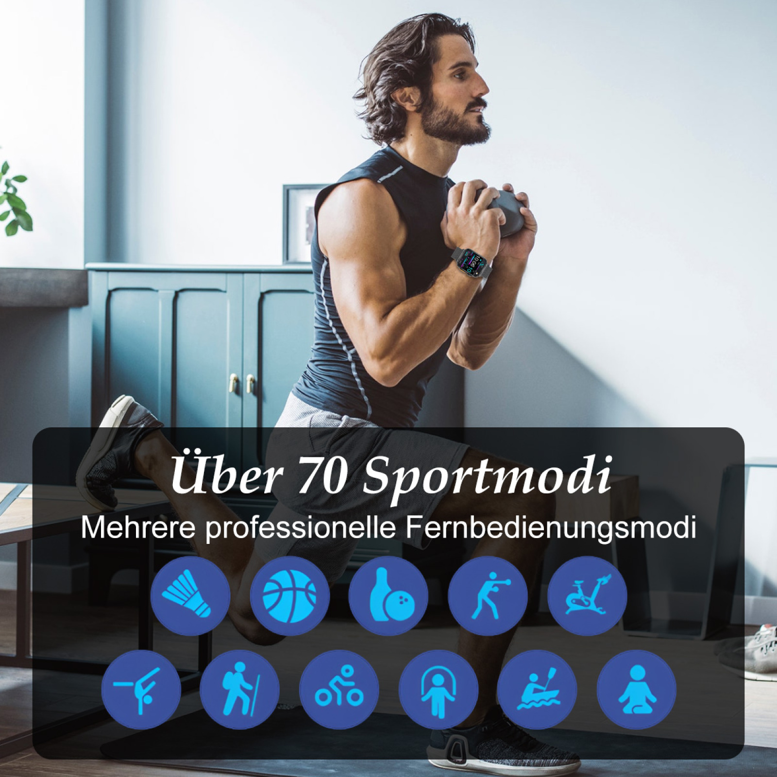Ein Mann trainiert mit einem Gewicht. Text sagt 'Über 70 Sportmodi' und Sport-Icons.