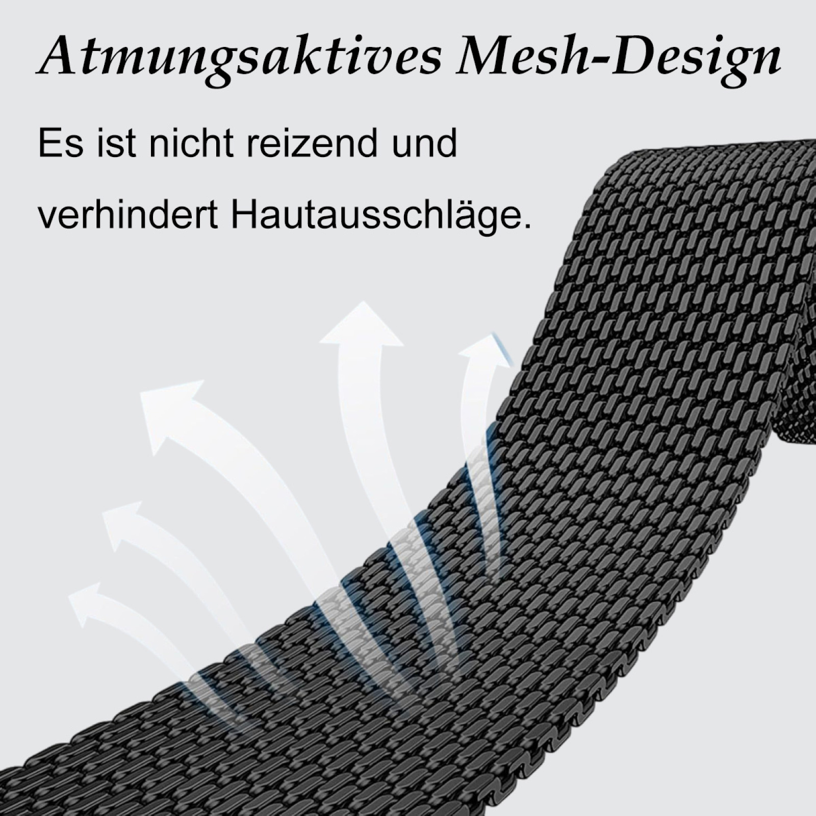 Nahaufnahme von schwarzem Mesh-Material mit weißen Pfeilen, die den Luftstrom zeigen, Text auf Deutsch.