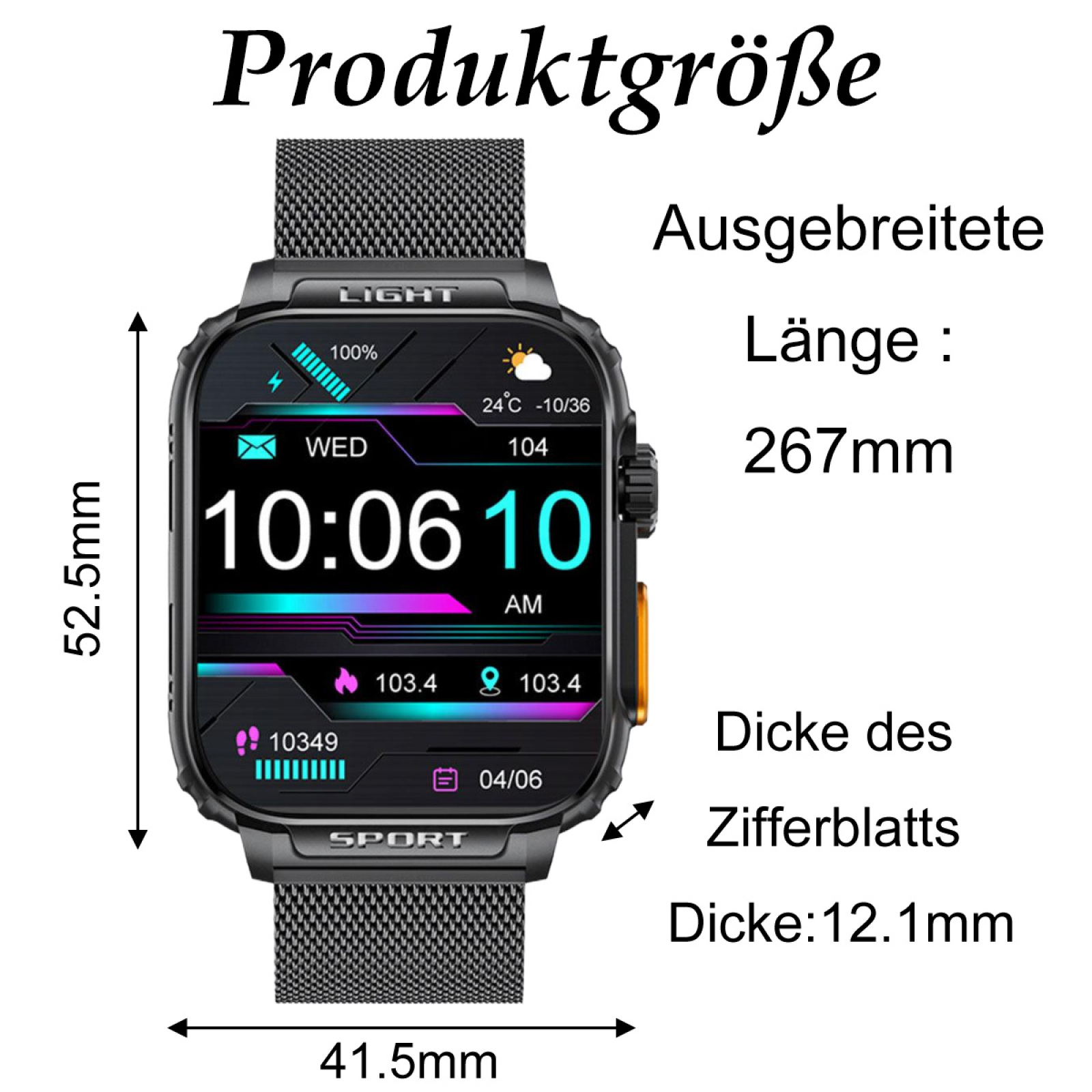 Smartwatch mit beschrifteten Abmessungen. Zeigt Zeit, Gesundheitsdaten und Akkustand.