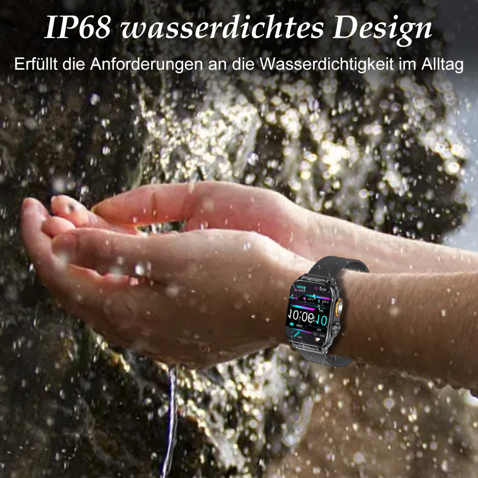 Hände schöpfen Wasser in der Nähe eines Wasserfalls, wobei eine Smartwatch die Zeit anzeigt.