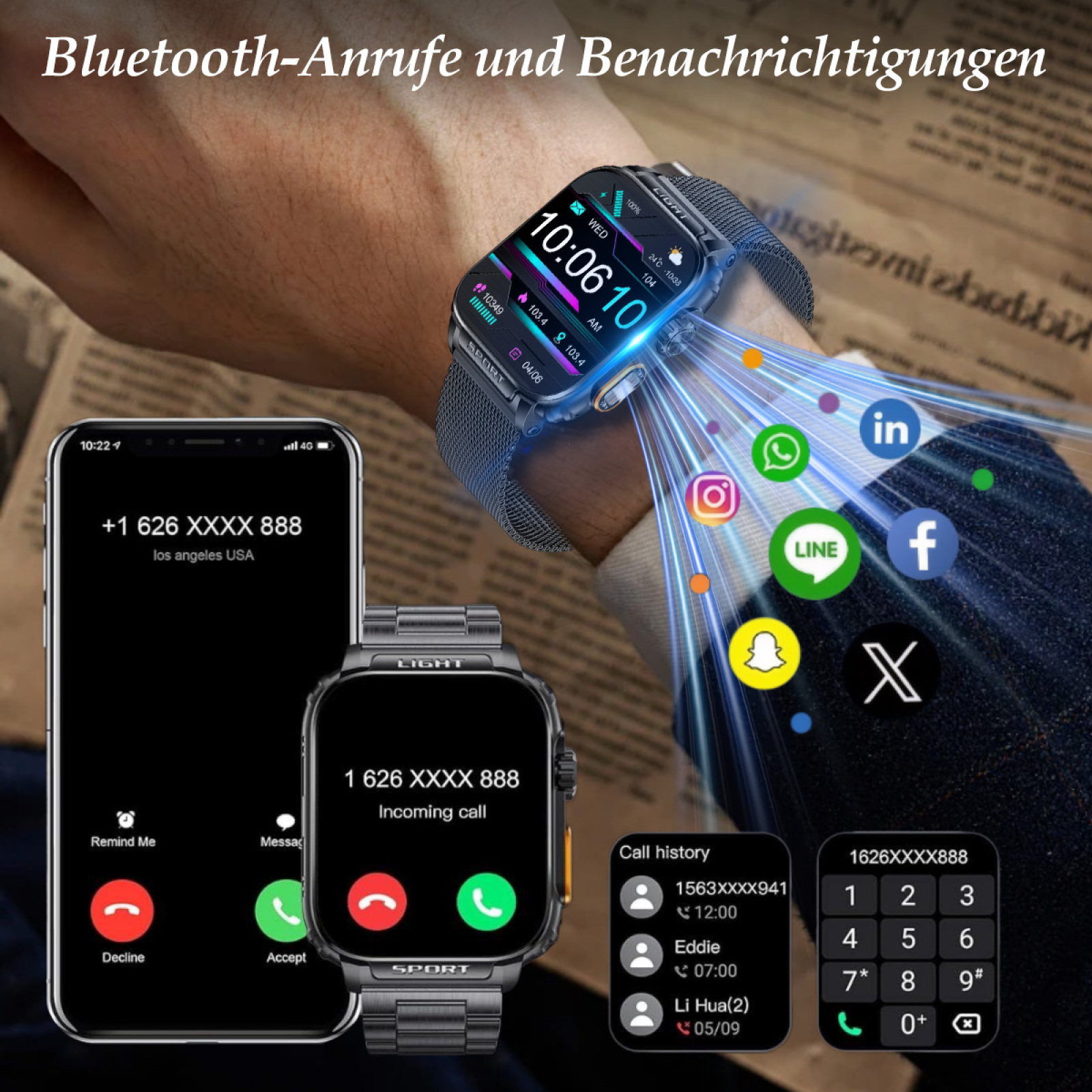 Smartwatches und ein Telefon zeigen Anrufe und App-Symbole an. Im Hintergrund befindet sich eine Zeitung.