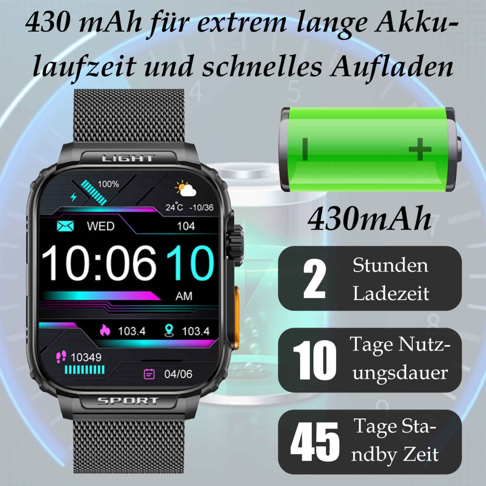 Smartwatch, die die Zeit 10:06 mit Akku- und Nutzungsstatistiken anzeigt. Schwarzes Mesh-Band.