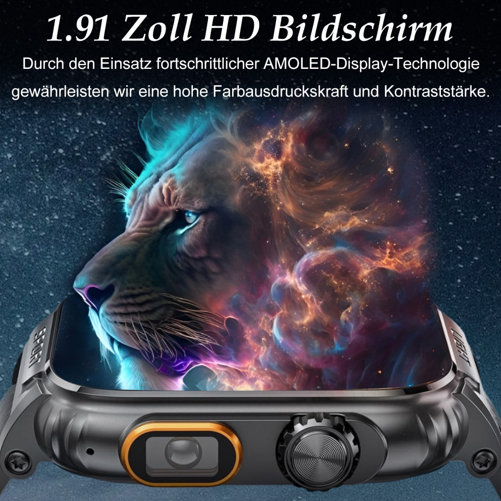 Das Smartwatch-Display zeigt einen Löwen und eine Galaxie. Die Uhr hat eine Kamera und einen Knopf.