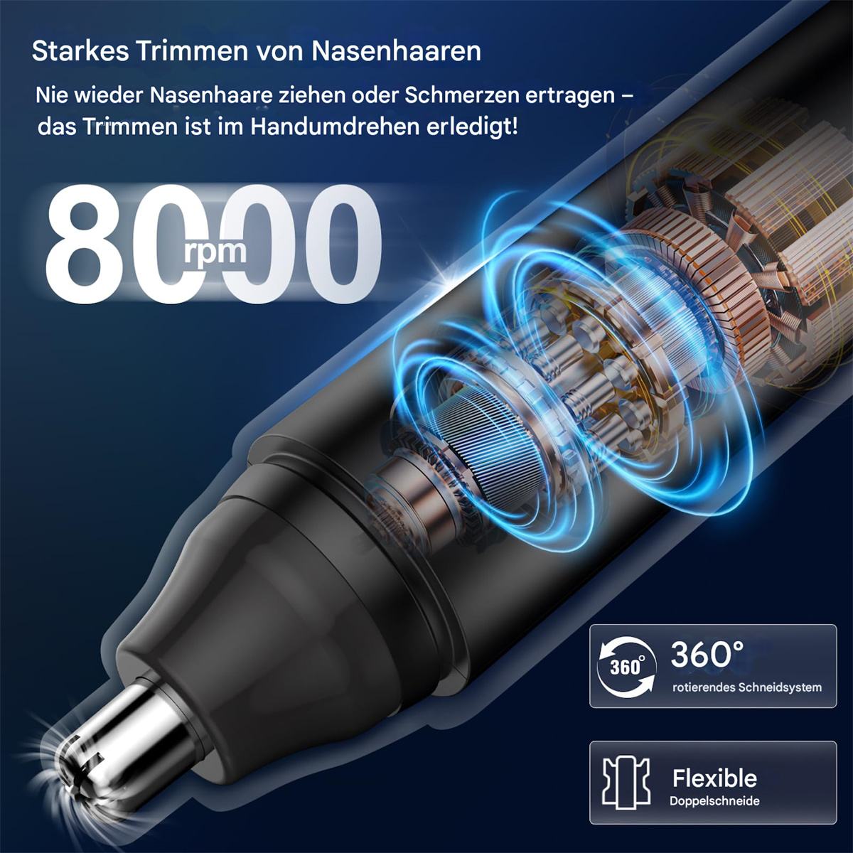 Nahaufnahme eines schwarzen Nasenhaartrimmers mit hervorgehobenem Innenmechanismus und RPM-Anzeige.