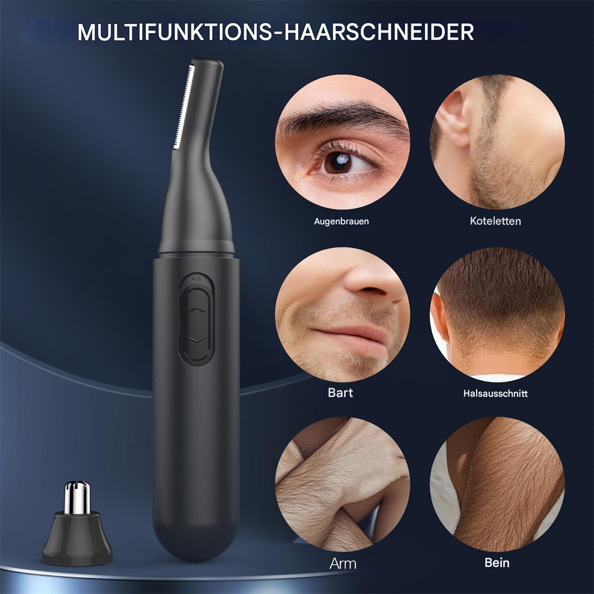 Ein schwarzer multifunktionaler Haarschneider mit Nahaufnahmen von Beispielen zum Trimmen von Augenbrauen, Bart und Nackenhaaren.