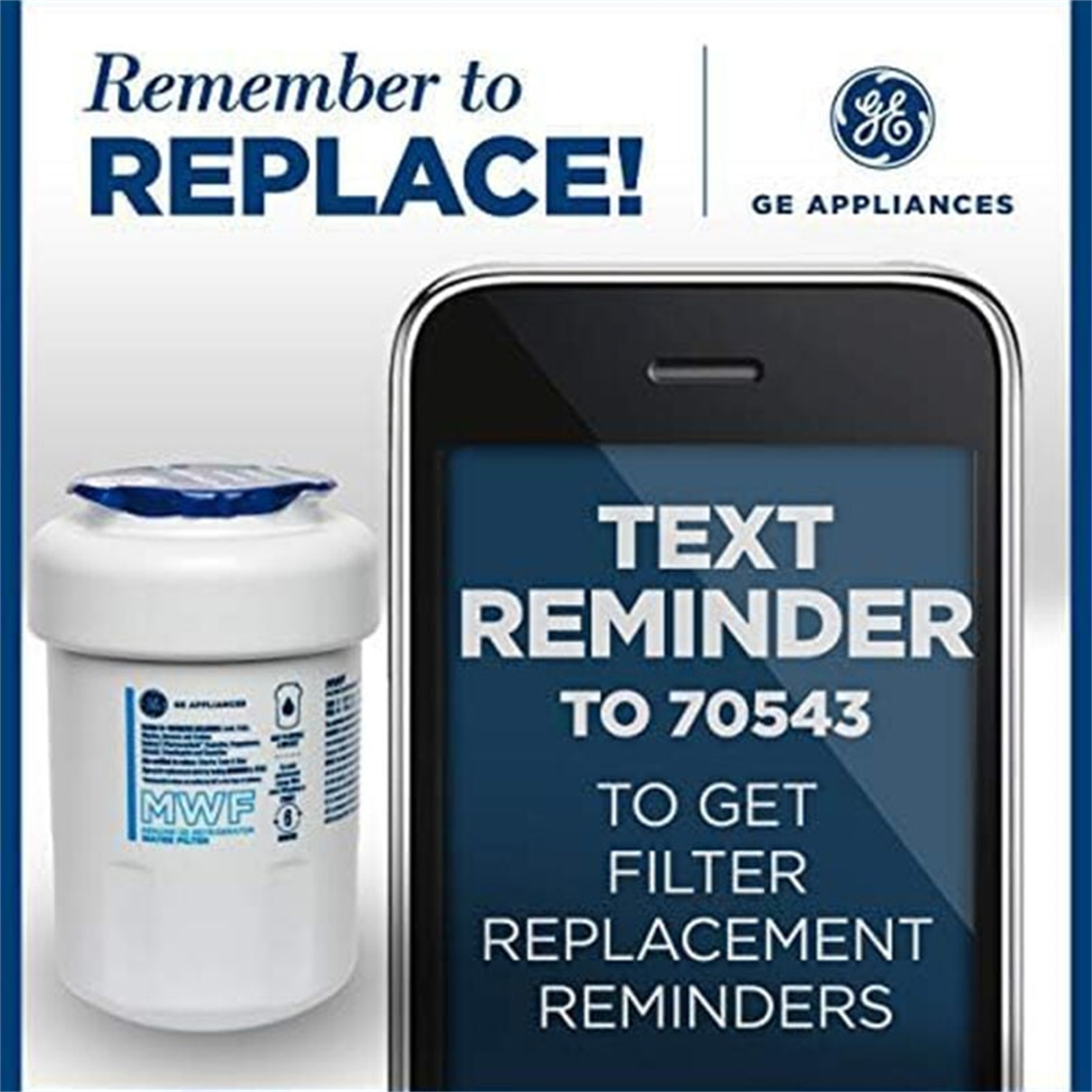 Das Bild zeigt einen Wasserfilter und ein Smartphone. Das Telefon zeigt 'TEXT REMINDER', um Erinnerungen zu erhalten.