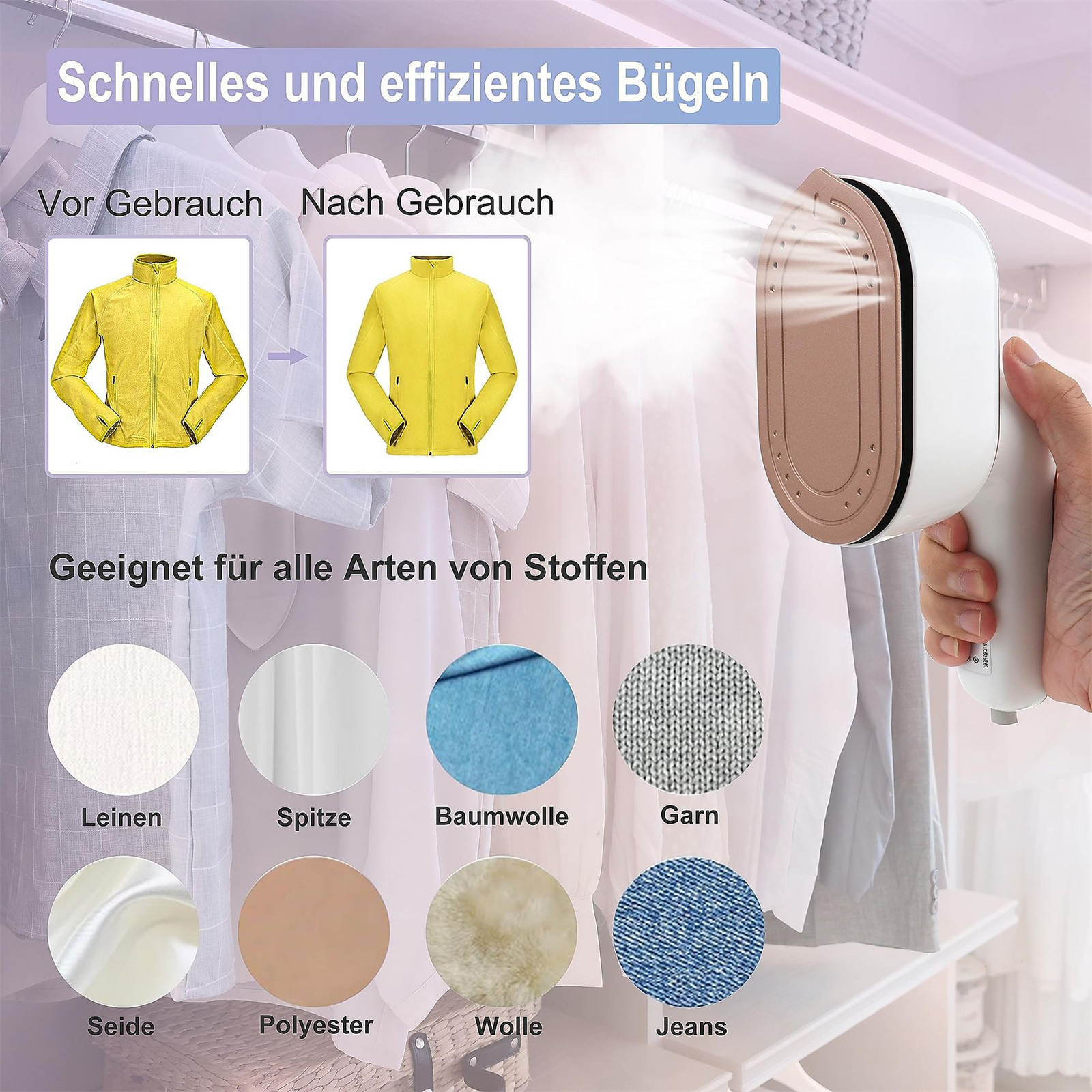 Ein Kleiderdampfer, der eine gelbe Jacke bedampft. Das Bild zeigt Vorher-Nachher.