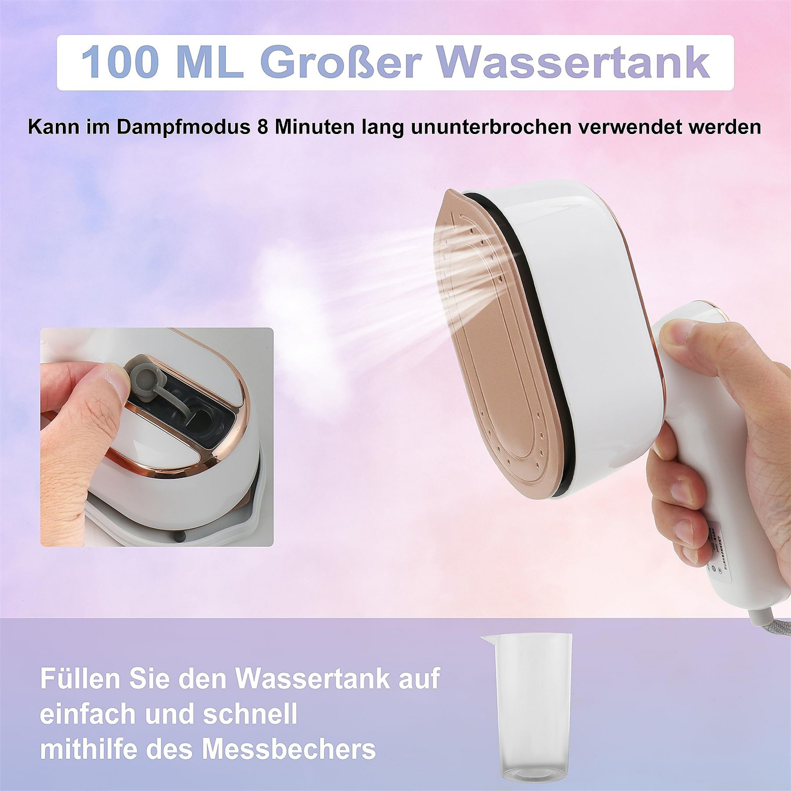 Nahaufnahme eines Handdampfers, der Dampfausstoß und Wasserbefüllung zeigt.