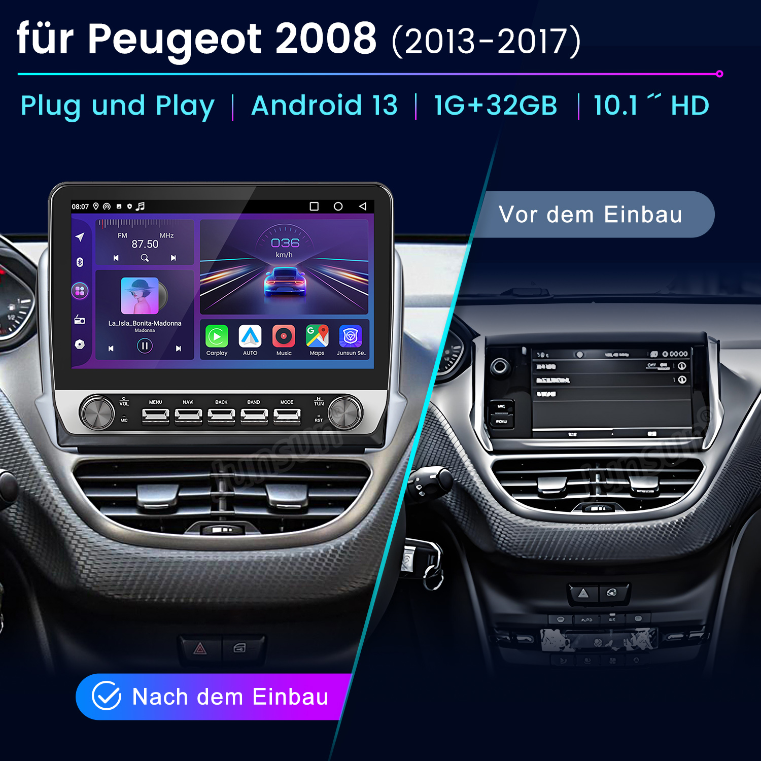 Das Bild zeigt das Armaturenbrett eines Autos vor und nach der Installation eines Android 13-Systems, wobei das Upgrade hervorgehoben wird.