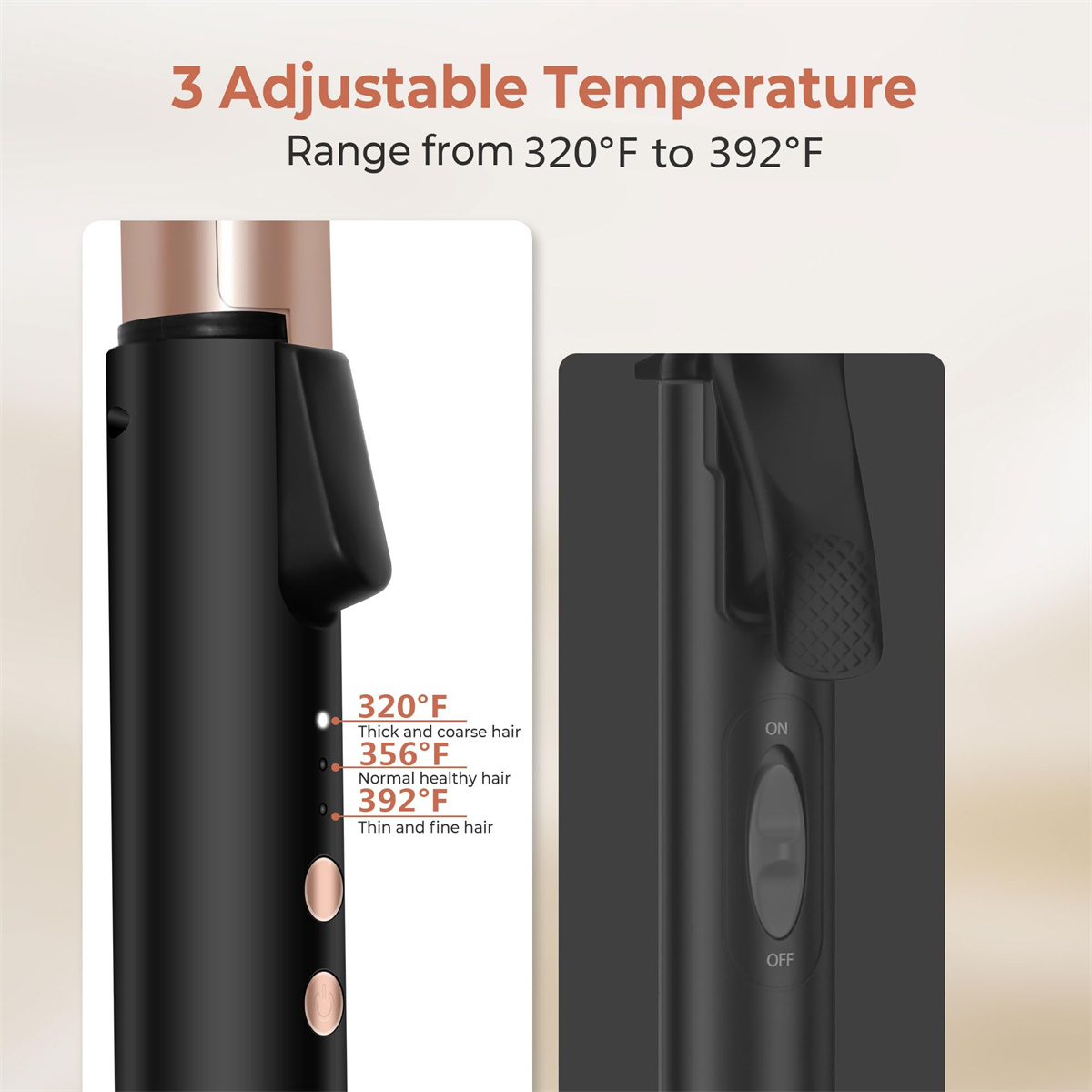 Zwei Nahaufnahmen eines schwarzen Lockenstabes. Temperaturen 320°F, 356°F und 392°F sind für Haartypen angegeben.