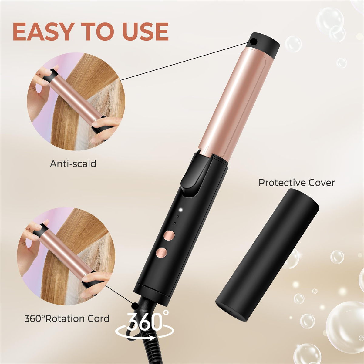 Haarstyler mit Händen, die die Anwendung zeigen, und Schutzhülle. Außerdem wird ein 360°-Drehkabel hervorgehoben.
