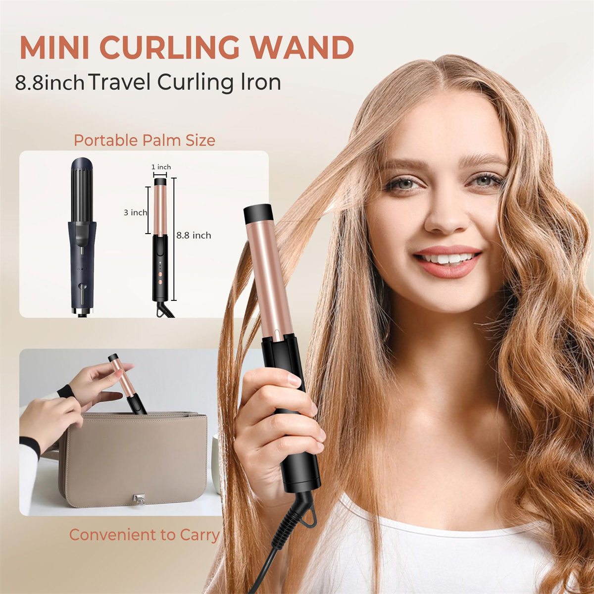 Eine Frau mit blonden Haaren hält einen Lockenstab. Das Bild zeigt einen Lockenstab und eine kleine Handtasche.