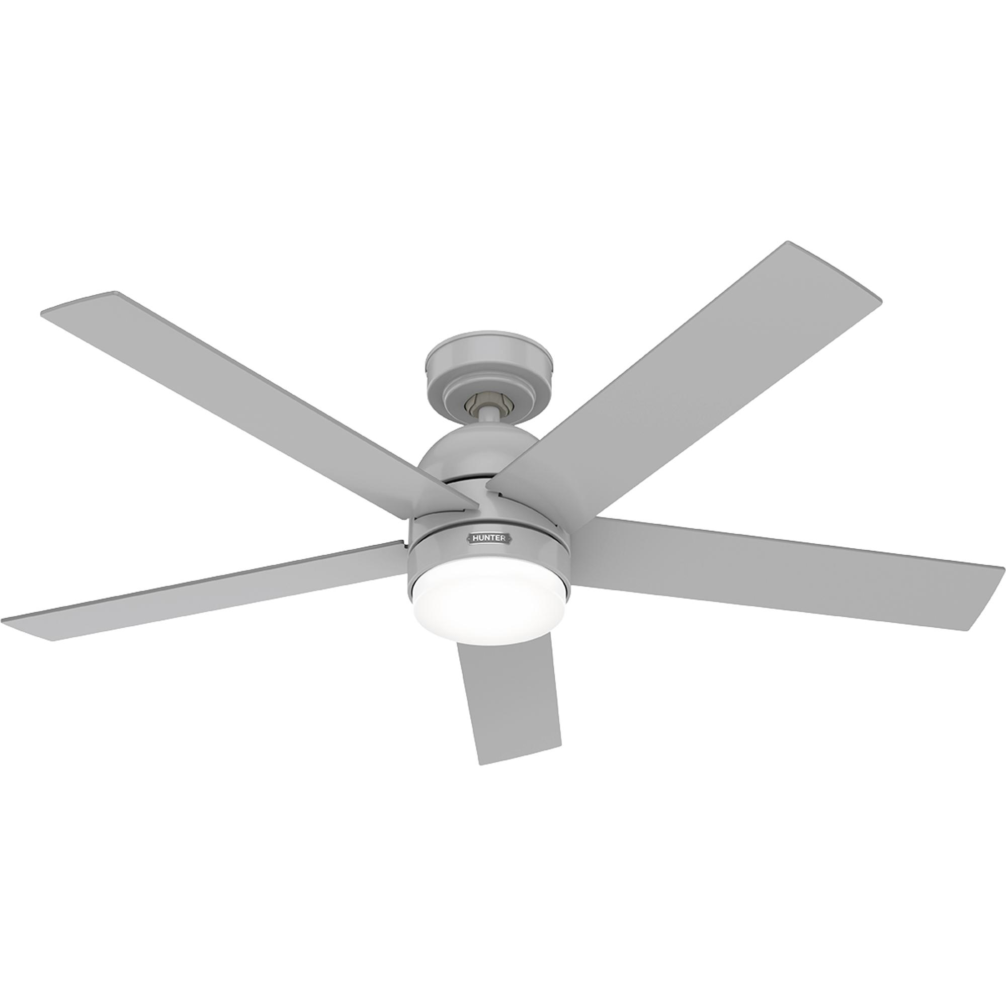 Ein grauer Deckenventilator mit 5 Blättern und einem zentralen Licht.