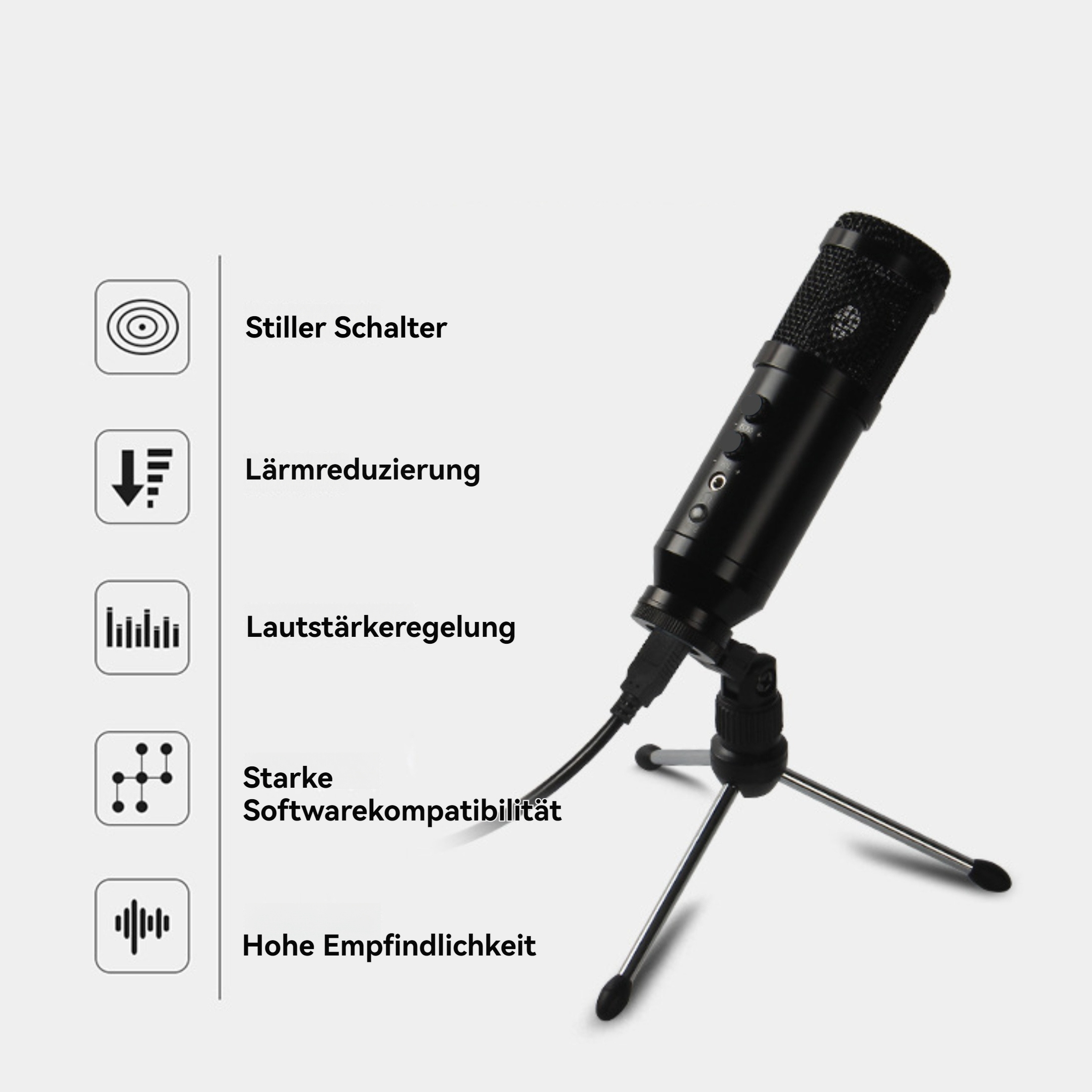 Schwarzes Mikrofon auf einem Stativ mit Symbolen und Text über Funktionen.