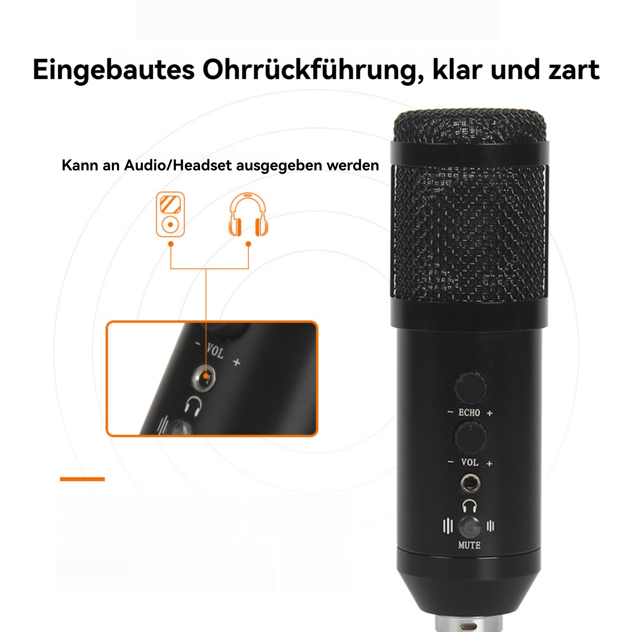 Schwarzes Mikrofon mit Steuertasten und Diagramm mit Audioausgabeoptionen.