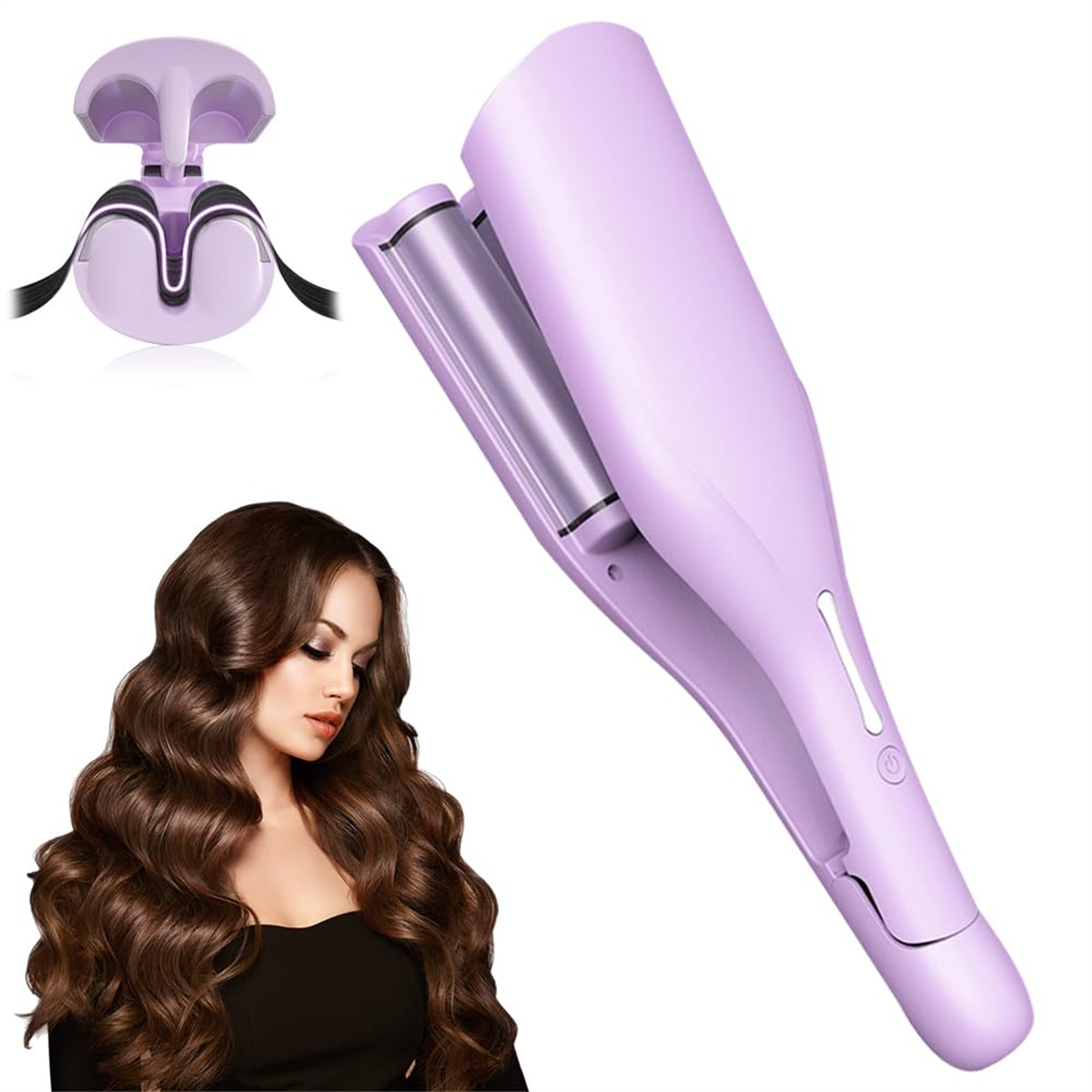Frau mit welligem braunem Haar, die einen lila Haarwellengenerator mit Ständer benutzt.