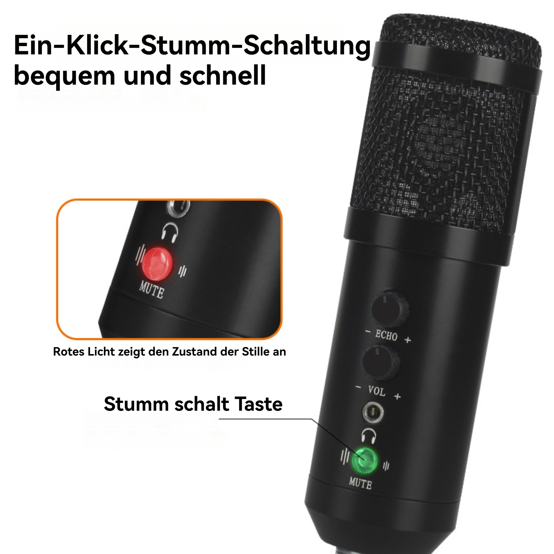 Ein schwarzes Mikrofon mit Stummschalttaste und Lautstärkeregler. Der Text erklärt die Stummschaltfunktion.