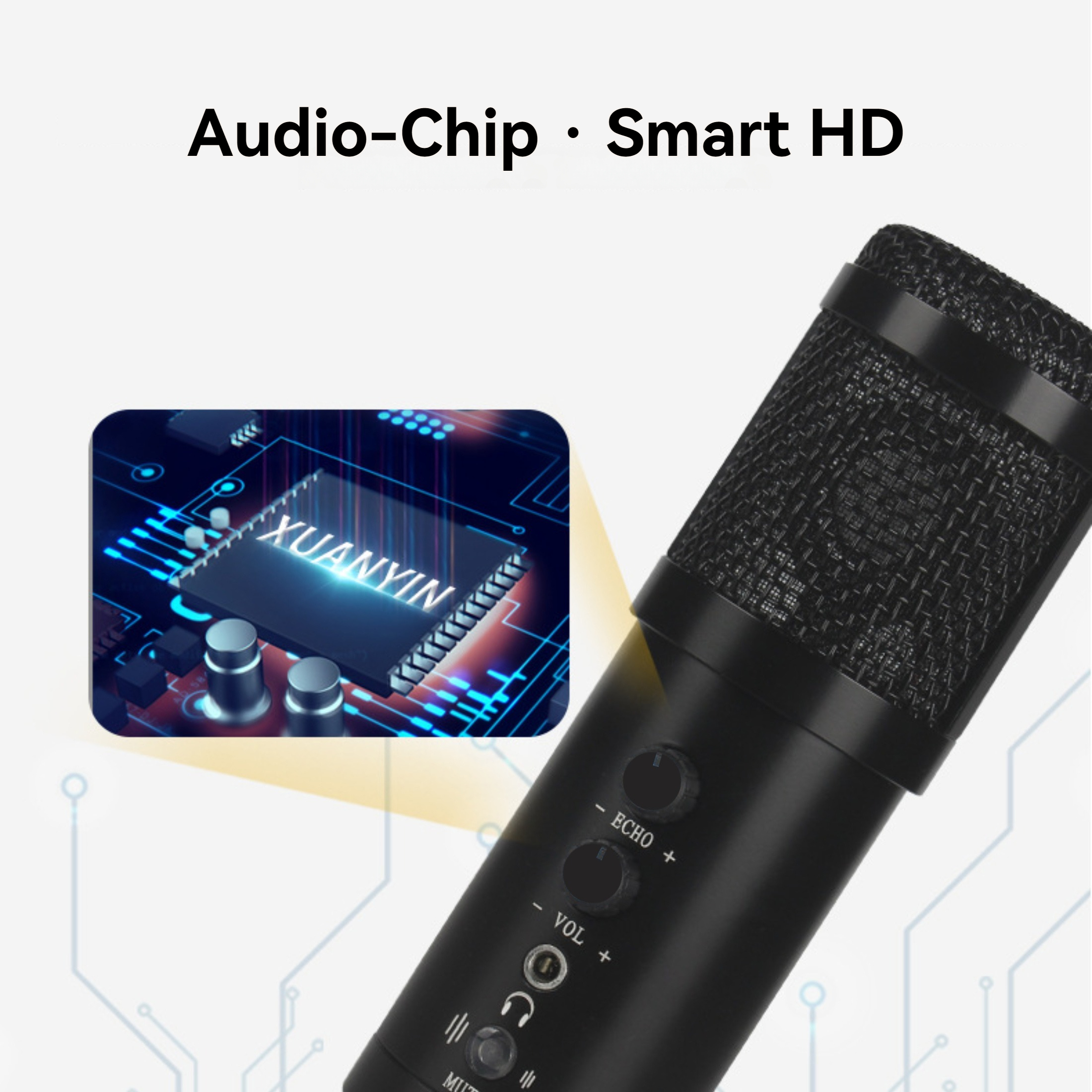 Schwarzes Mikrofon mit Nahaufnahme eines Audiochips und Text, der 'Audio-Chip Smart HD' sagt.