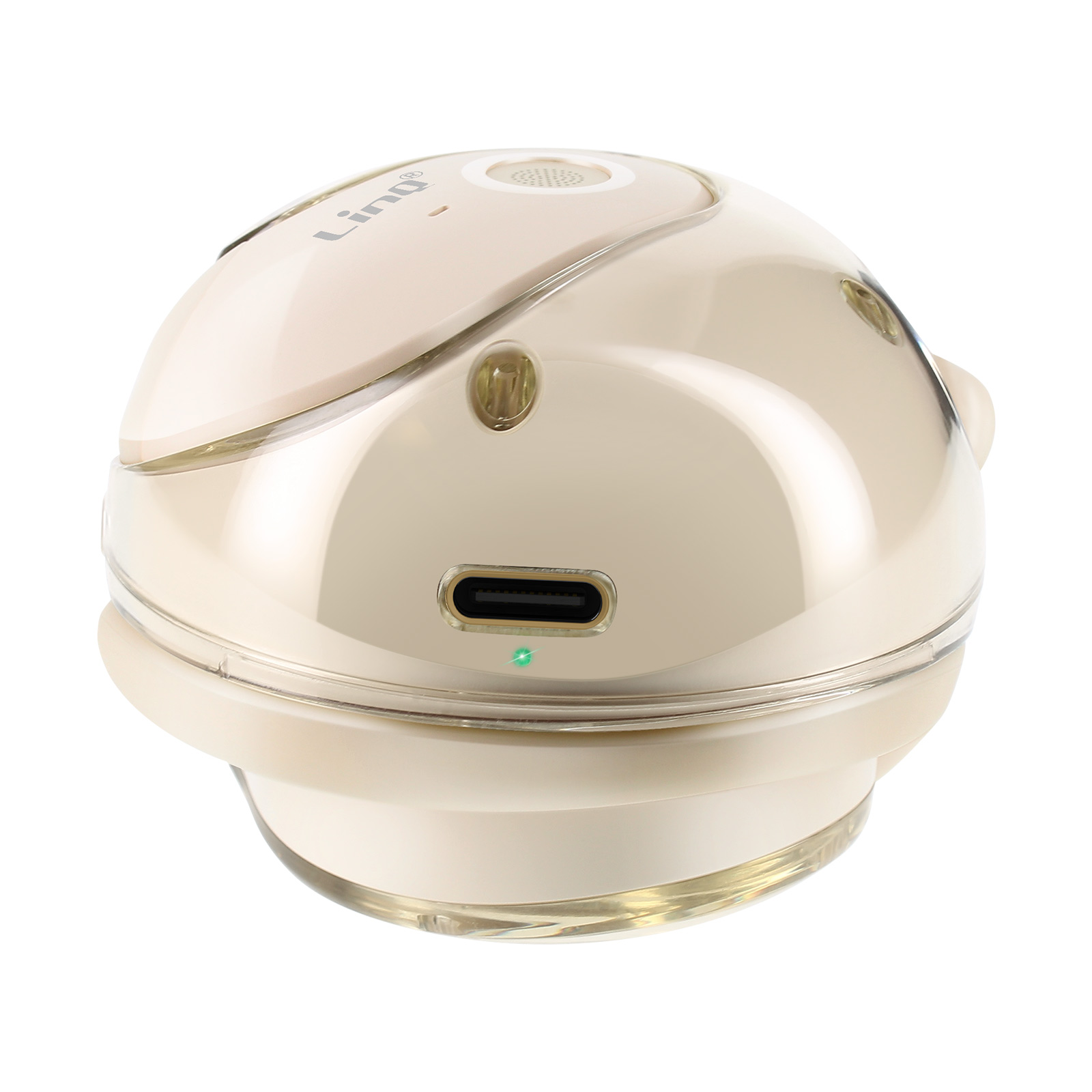 Due auricolari beige con un grafico di onde sonore, su sfondo bianco.