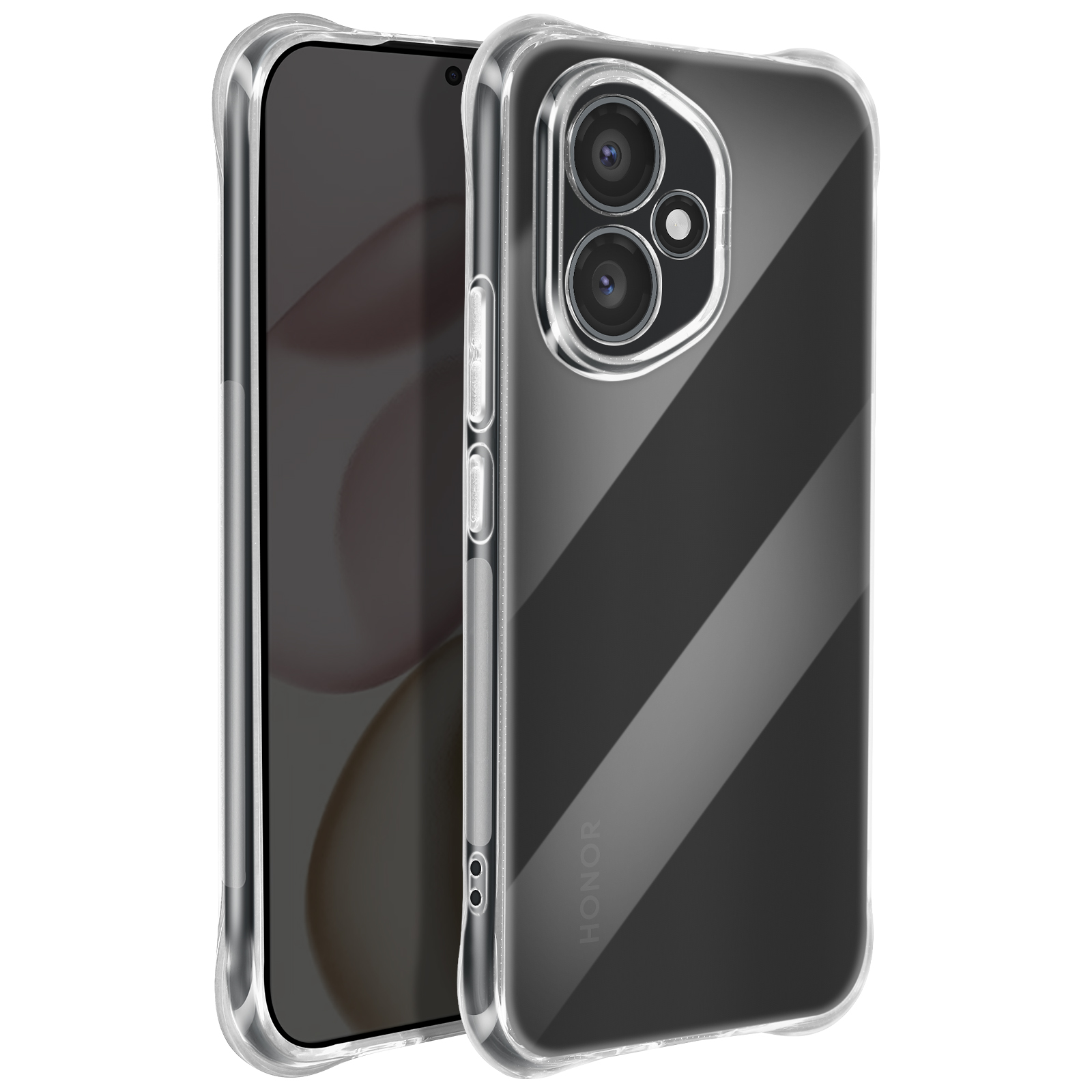 Custodia trasparente con telefono nero, che mostra la sporgenza della fotocamera e il marchio HONOR, vista angolata.