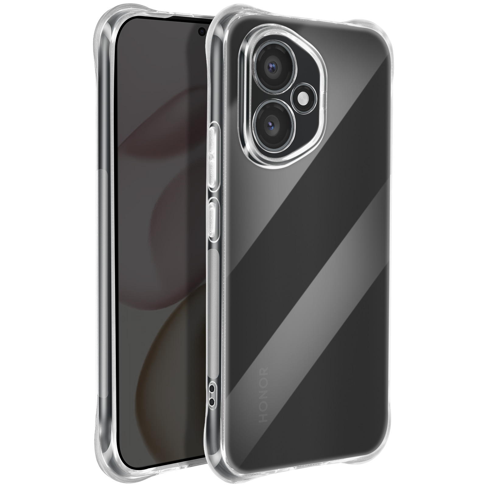Una custodia trasparente per telefono su sfondo bianco. La custodia ha un ritaglio per la fotocamera.