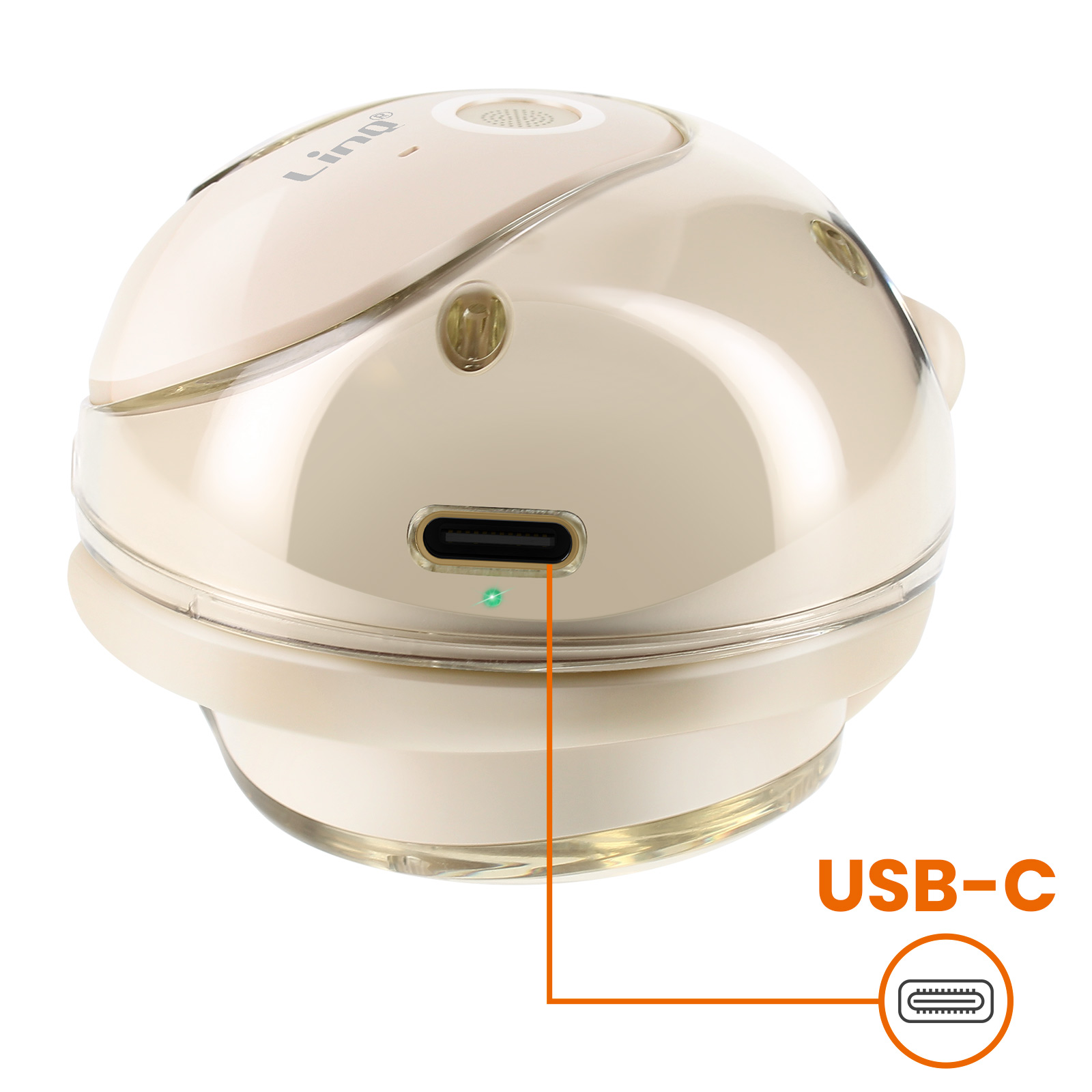 Un dispositivo bianco e beige con una porta USB-C e il testo 'USB-C' accanto.