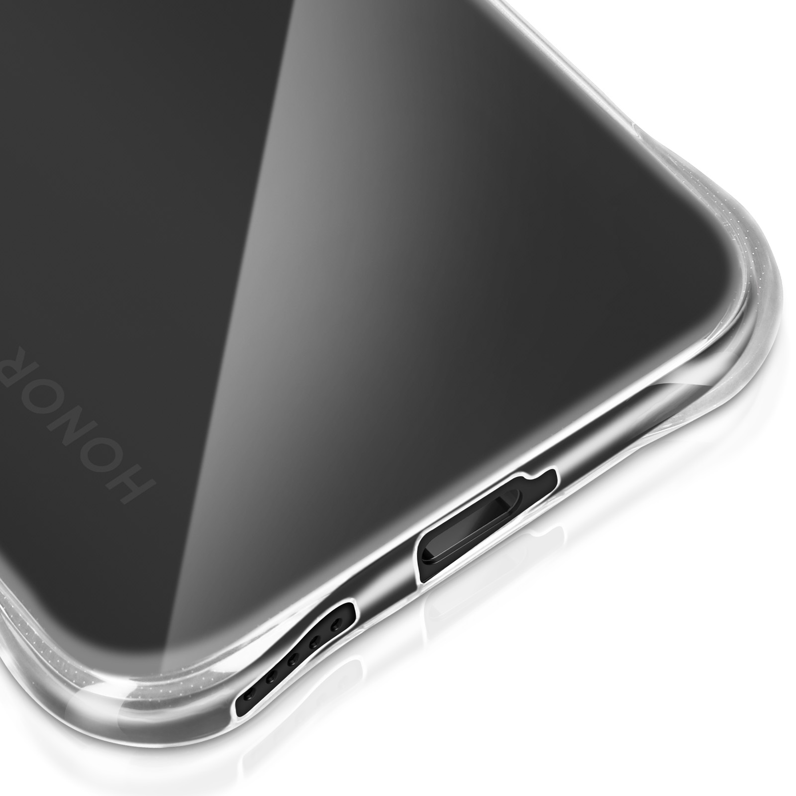 Primo piano di una custodia per telefono con retro trasparente e bordi scuri.