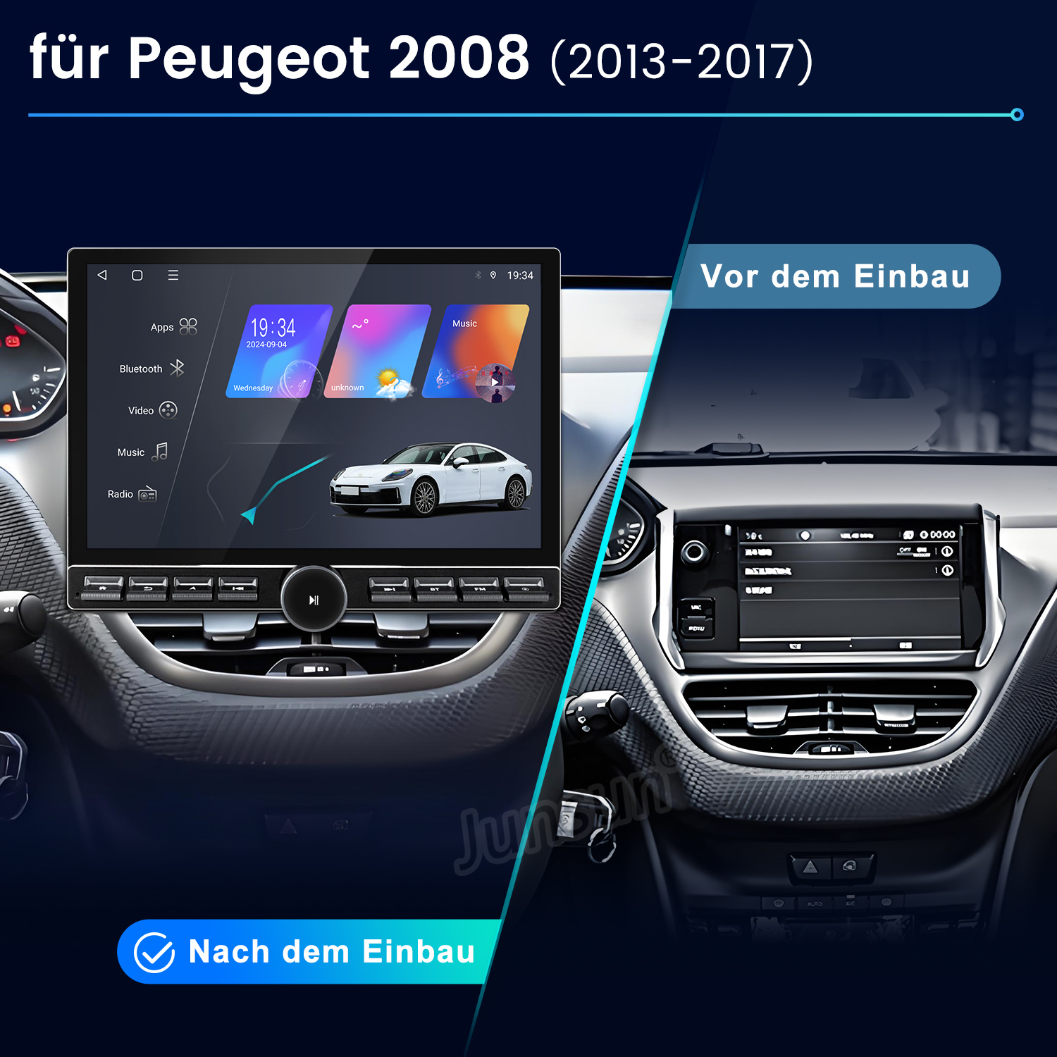 Autoradio vor und nach dem Einbau, mit zentralem Display, das Apps und Musik steuert.
