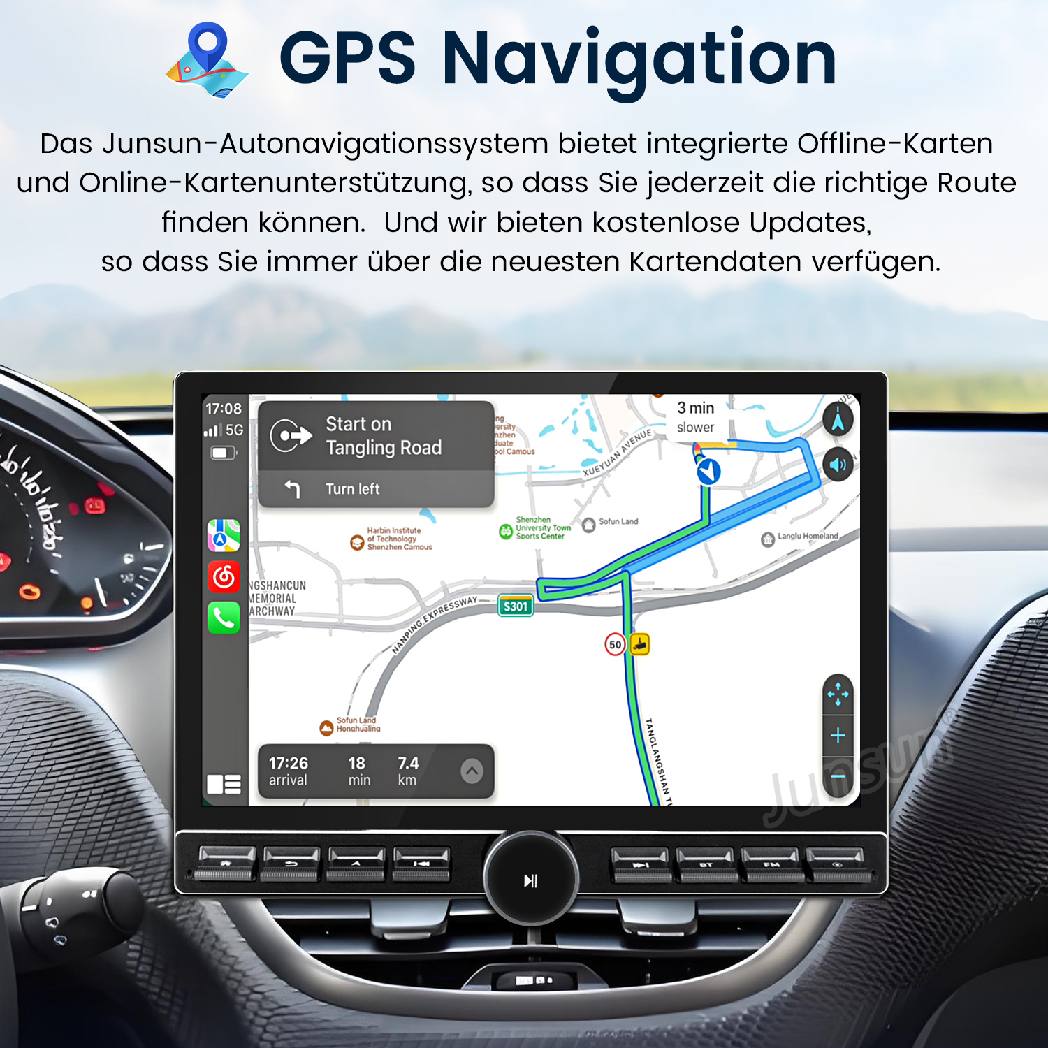 Auto-Armaturenbrett mit GPS-Navigationsbildschirm, der eine Route anzeigt.