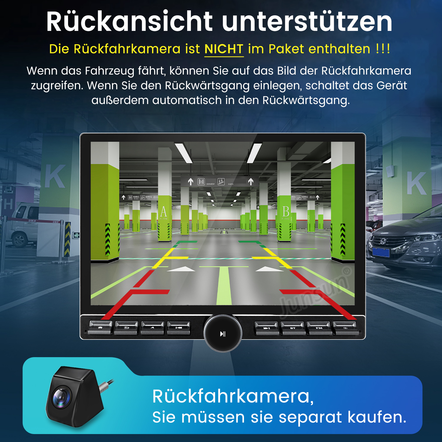 Ekran samochodowy z widokiem na parking. Kamera cofania i tekst w języku niemieckim. Samochód w tle.
