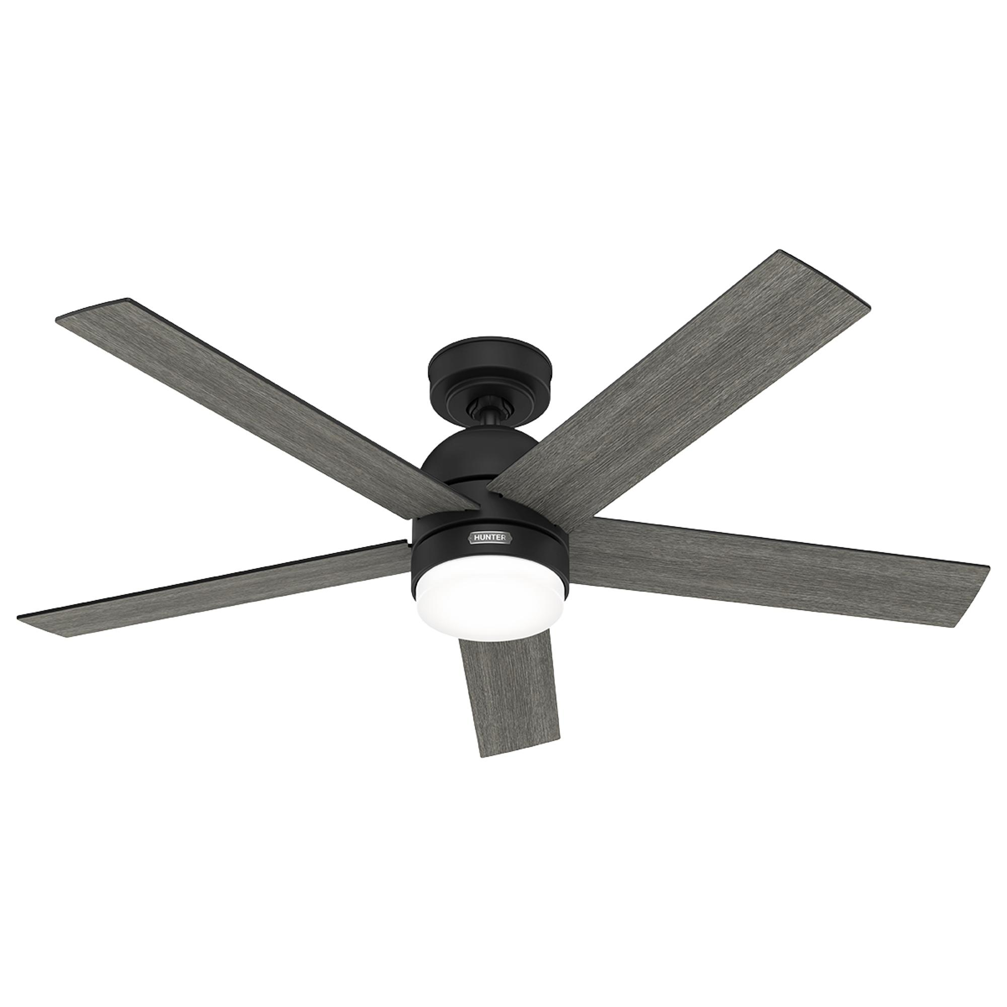 Ein schwarzer Deckenventilator mit fünf grauen Flügeln und einem Licht. Markenname sichtbar.