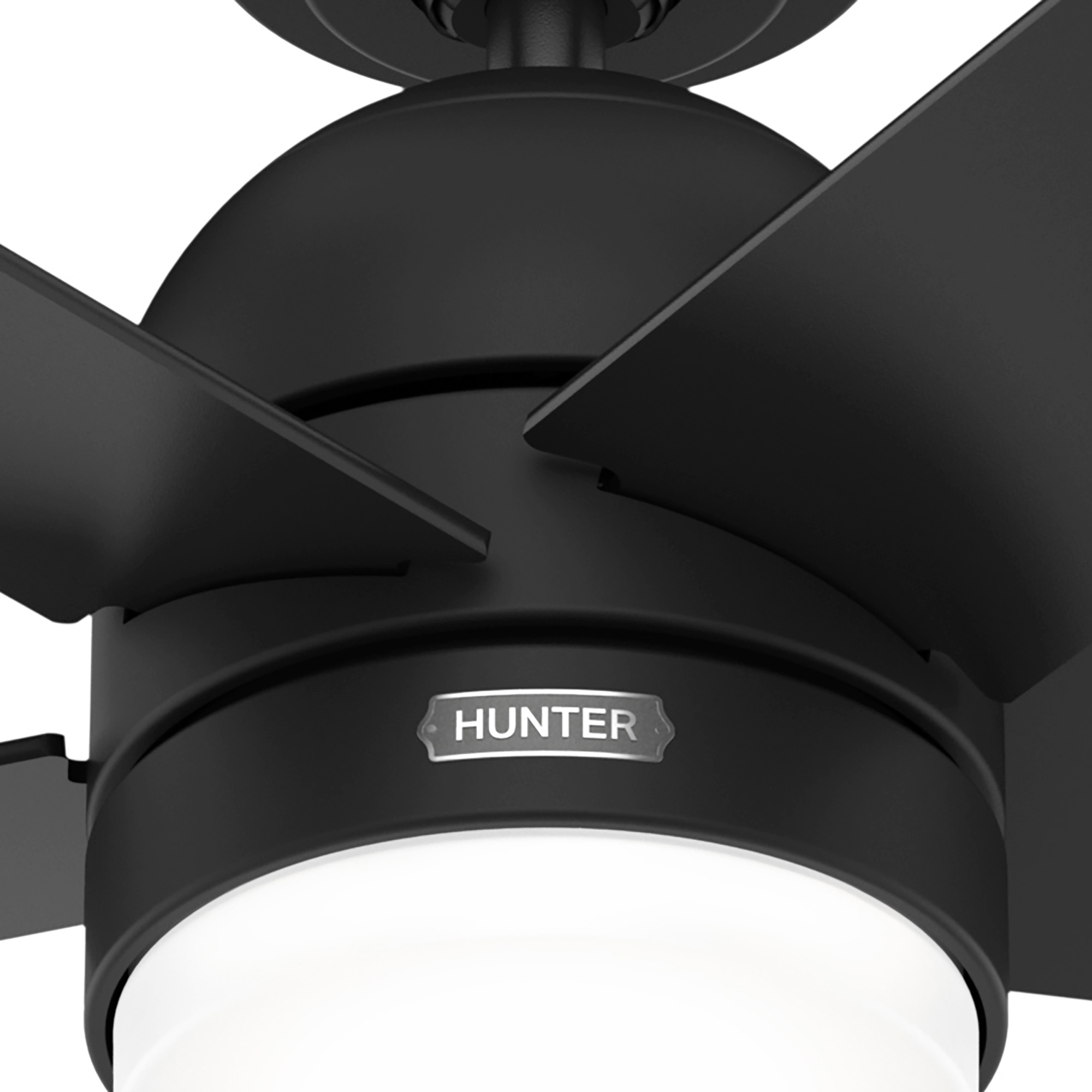 Nahaufnahme eines schwarzen Deckenventilators mit 'Hunter'-Logo und Licht.