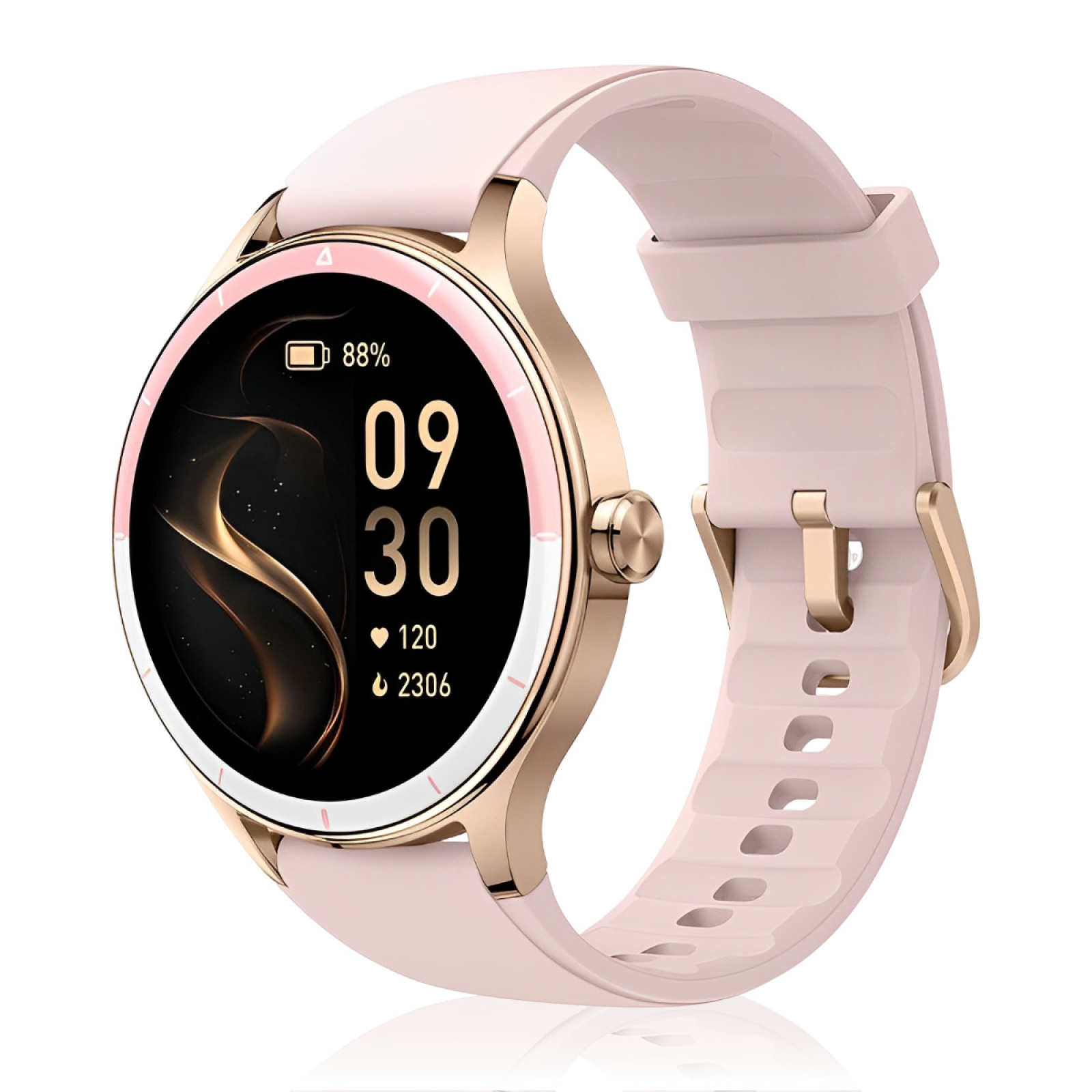 Eine rosa-goldene Smartwatch mit rundem Zifferblatt, das Zeit, Datum und Gesundheitsmetriken anzeigt.