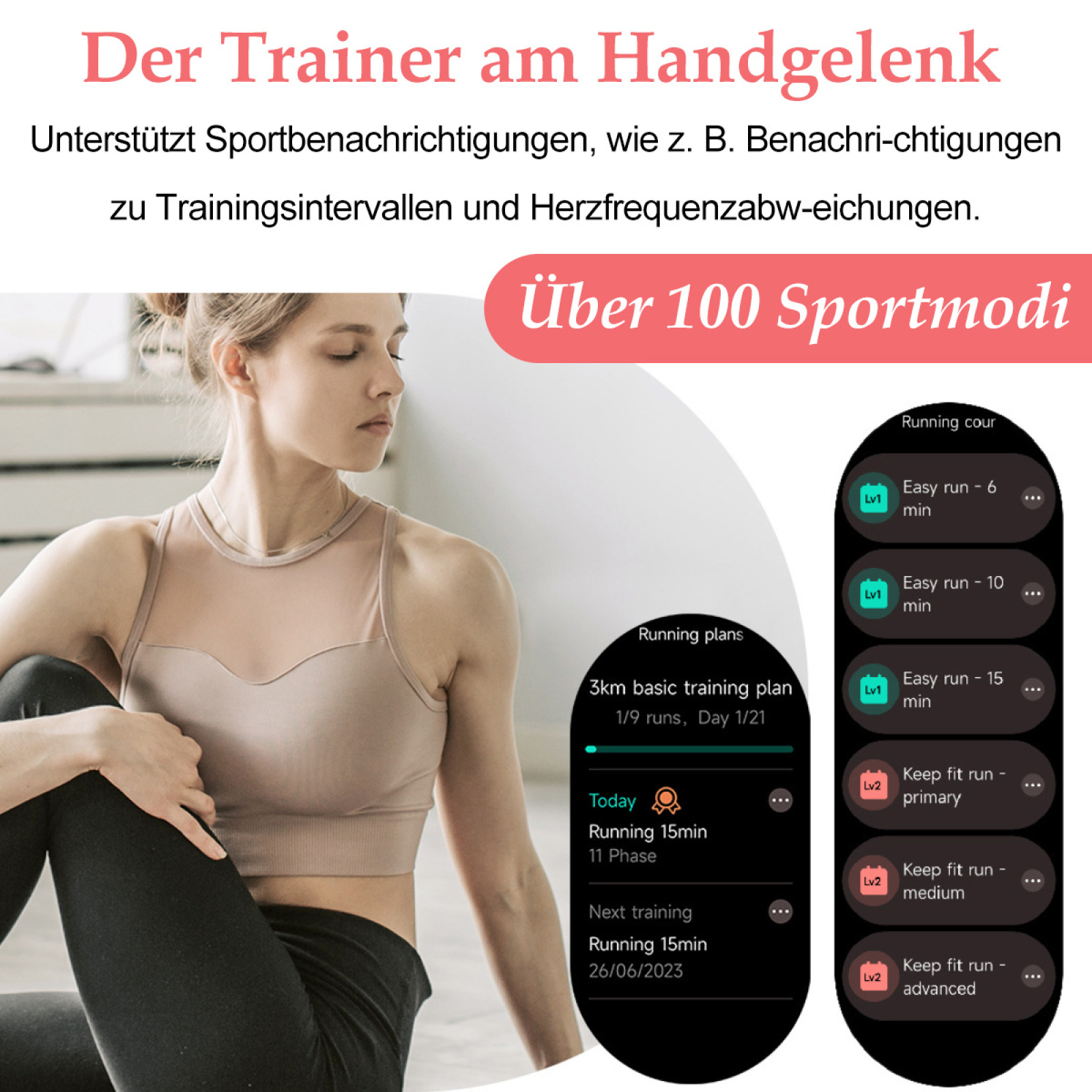 Frau in Fitnesskleidung betrachtet eine Smartwatch mit Laufplänen. Die Uhr zeigt Trainingsdaten und Ziele.