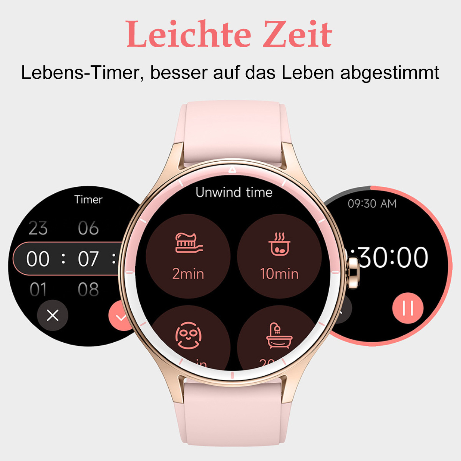 Eine rosa Smartwatch mit drei kleinen Bildschirmen, die Timer- und Gesundheits-App-Funktionen zeigen.
