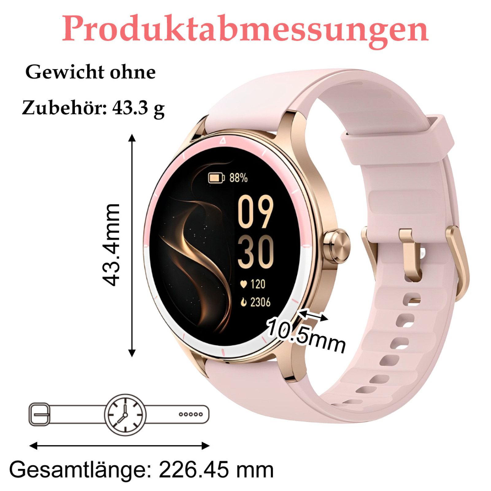Eine pinke Smartwatch mit goldenem Rahmen, die Zeit, Datum und Gesundheitsmetriken anzeigt. Die Abmessungen sind ebenfalls dargestellt.