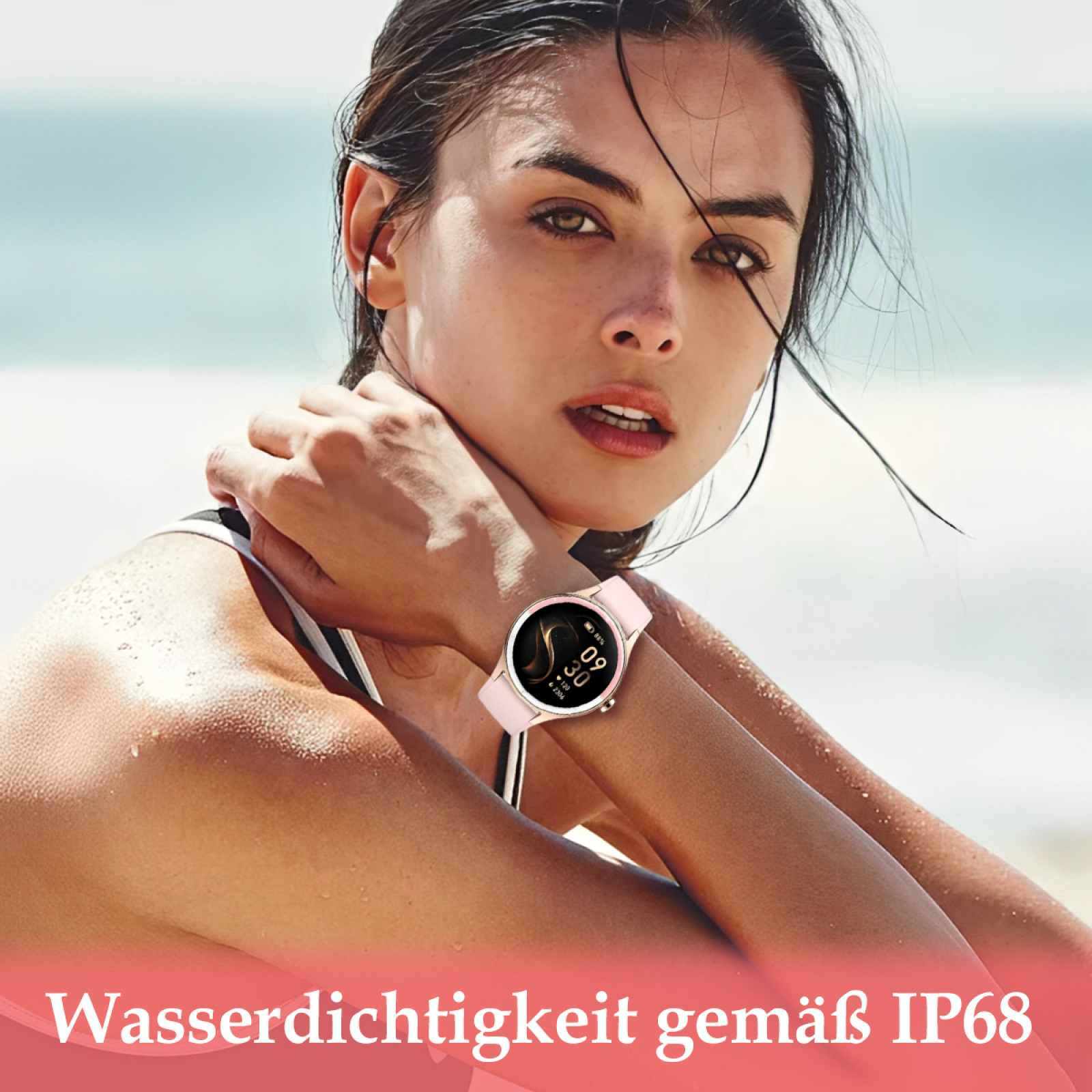 Frau mit rosafarbener Smartwatch am Handgelenk, am Strand. Die Uhr ist roségoldfarben.