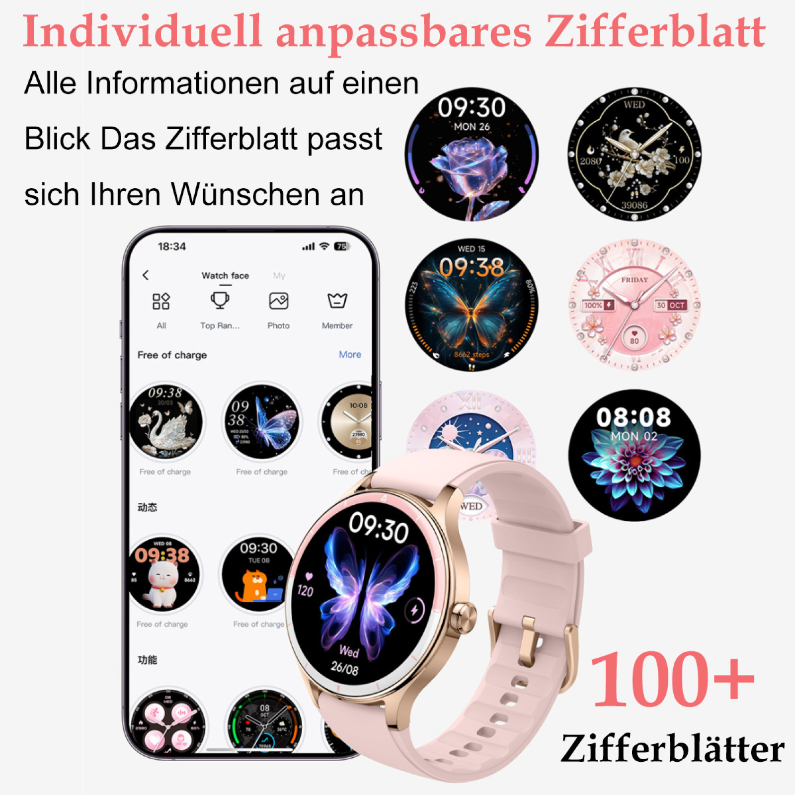 Smartwatch-Oberfläche mit verschiedenen Zifferblättern auf einem Handy-Bildschirm. Viele Zifferblätter.