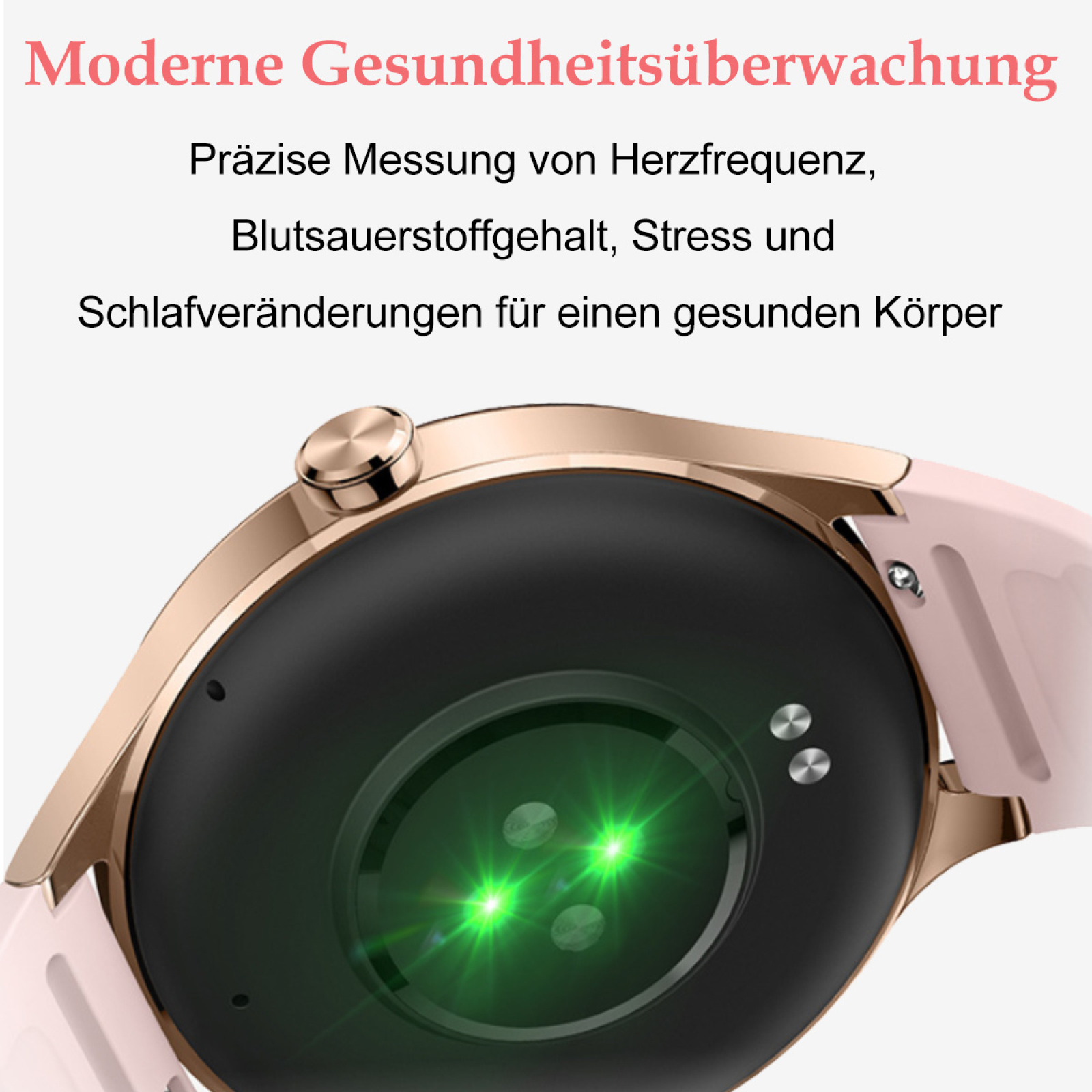 Nahaufnahme einer roségoldenen Smartwatch mit pinkfarbenem Armband. Die Uhr zeigt Herzfrequenz etc.