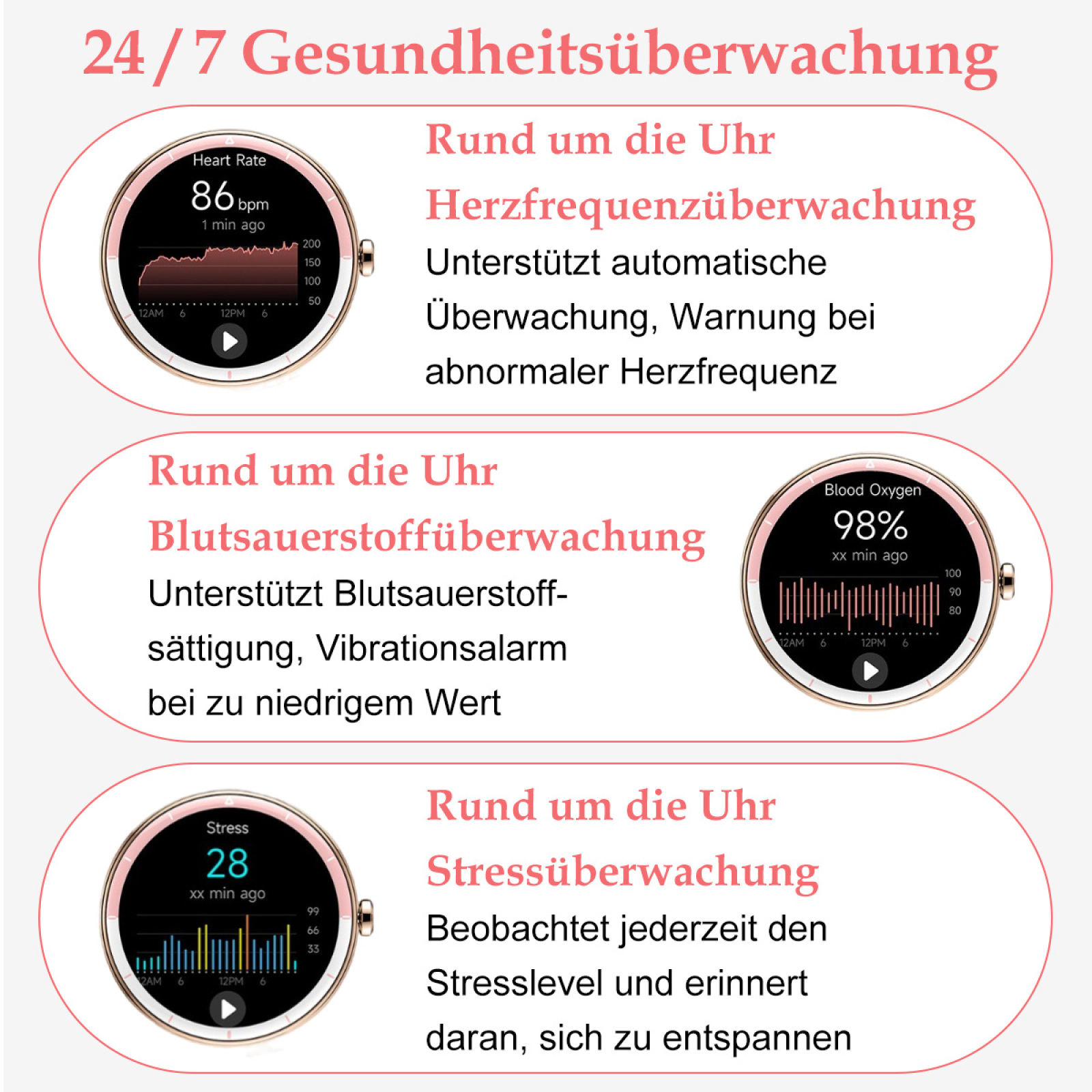 Nahaufnahme des Smartwatch-Displays mit Herzfrequenz, Blutsauerstoff und Stressleveldaten.